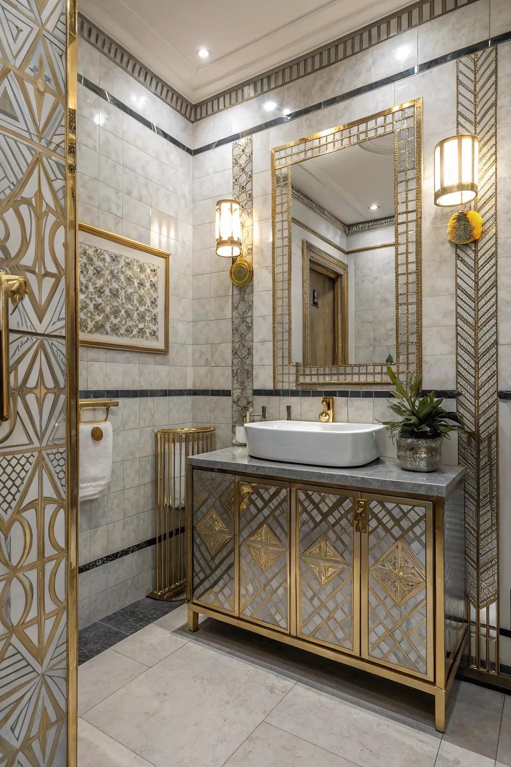 Art Deco sways impart allure and retro charm to this exquisitely designed washroom.