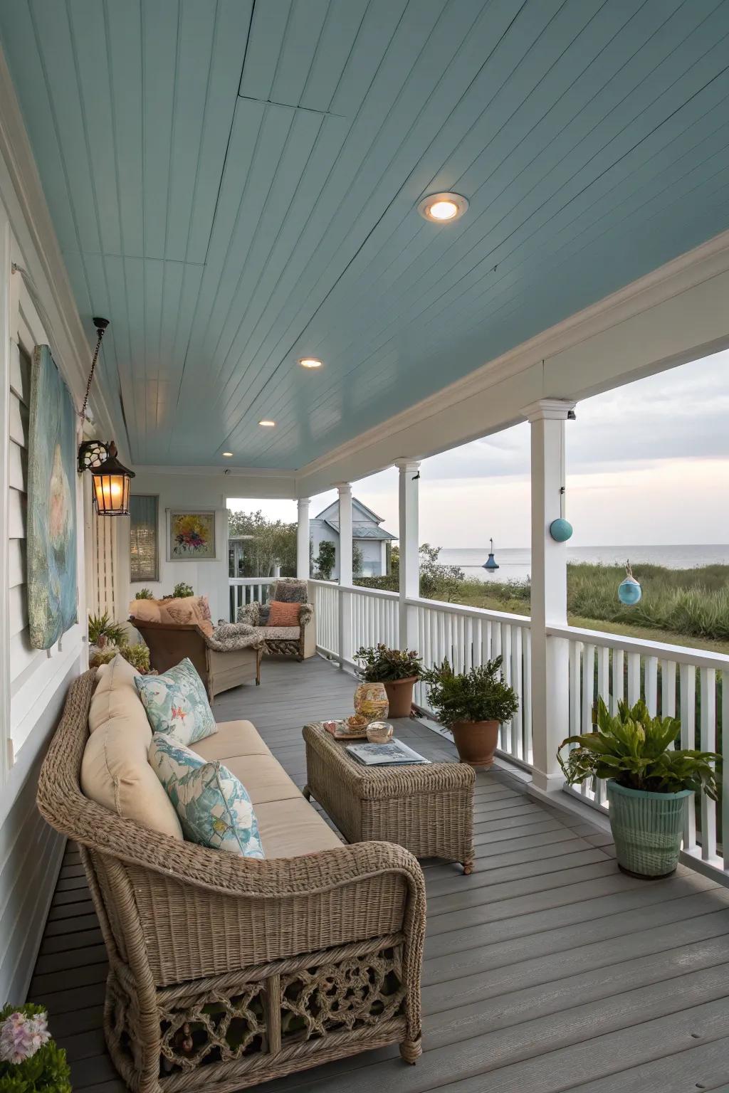 Capture coastal appeal through a blue ceiling.