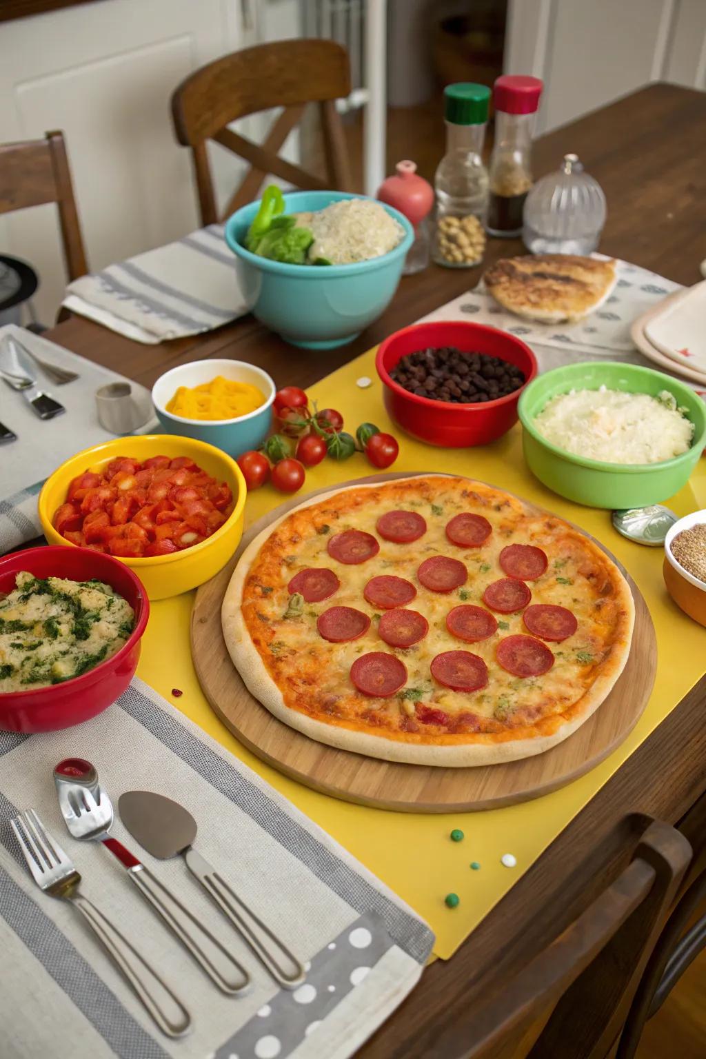 A table arranged with all the fixings, featuring a range of toppings and freshly baked pizzas.