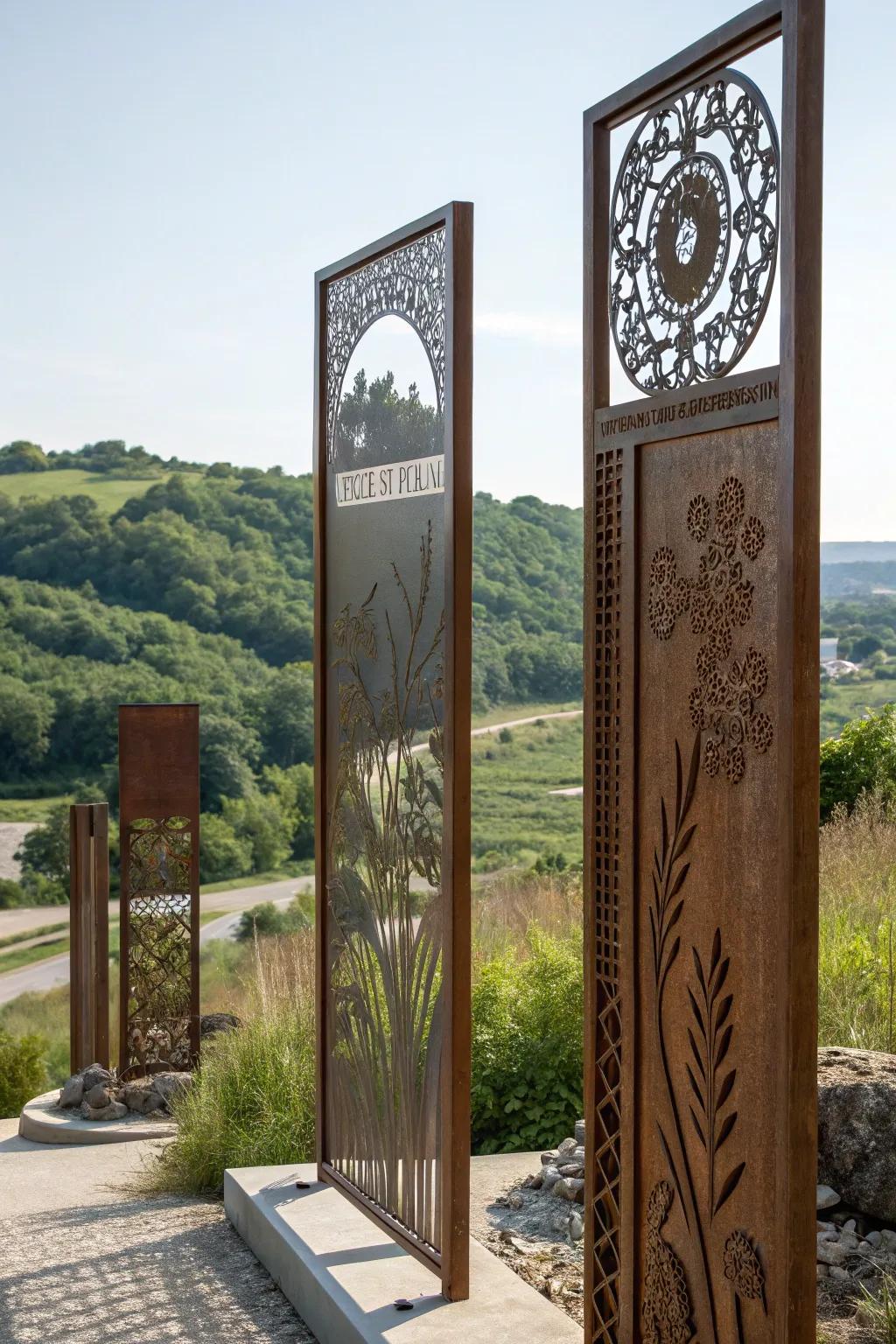 Intricately blueprinted metal panels fashioning an artistic property delineation.