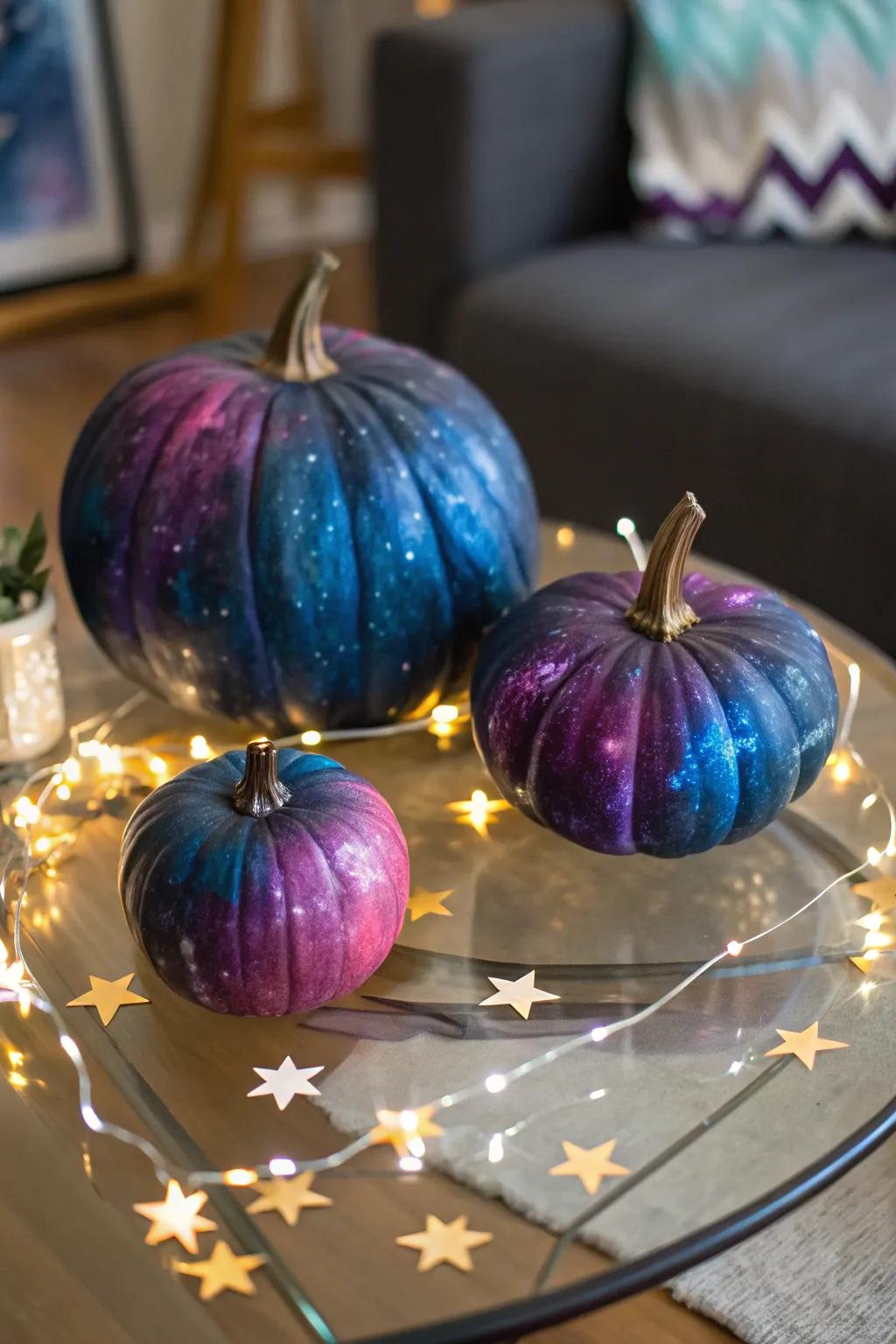 Import the cosmos indoors through pumpkins illustrating mystical celestial themes.