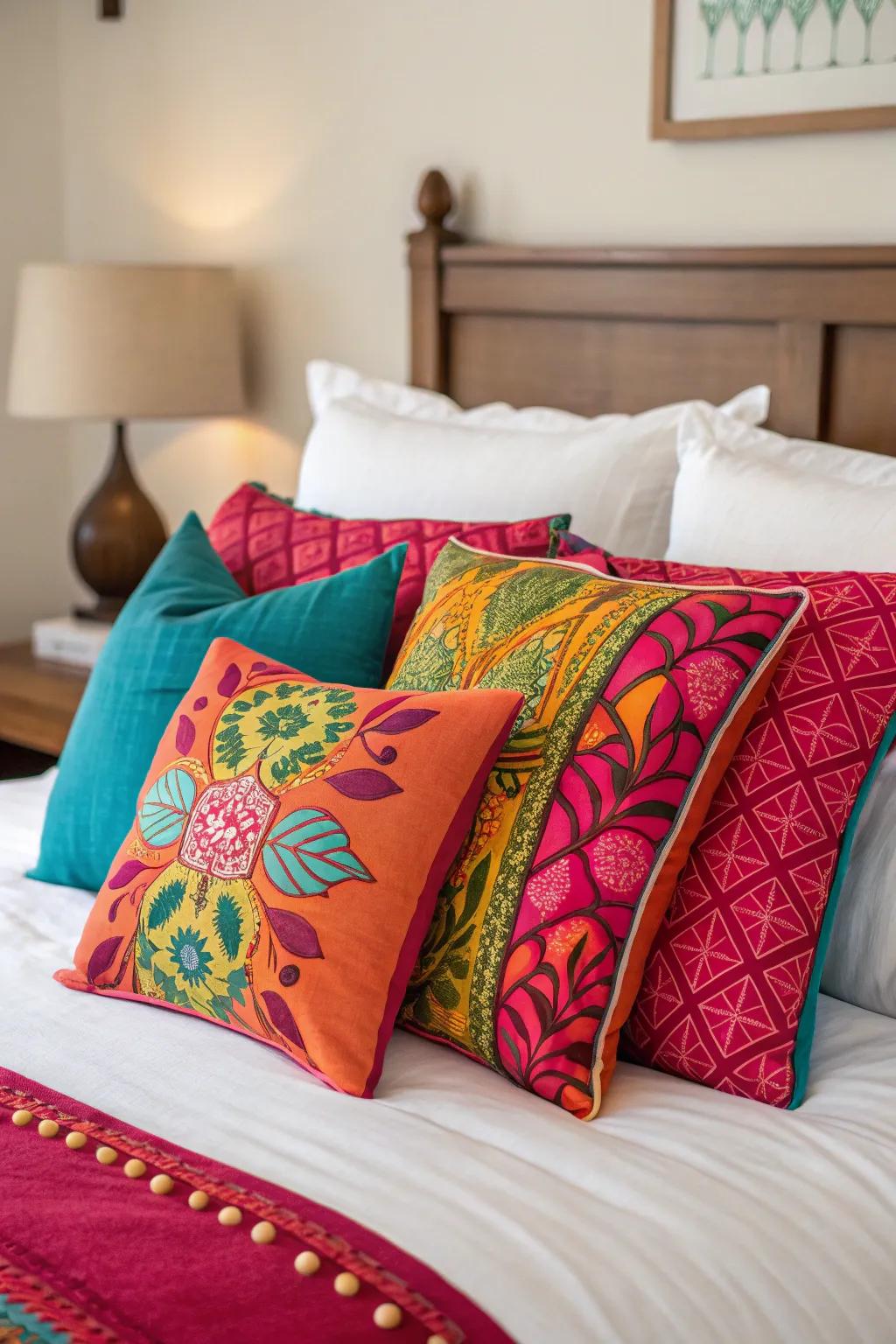 Intense colors create a striking statement in pillow arrangements.