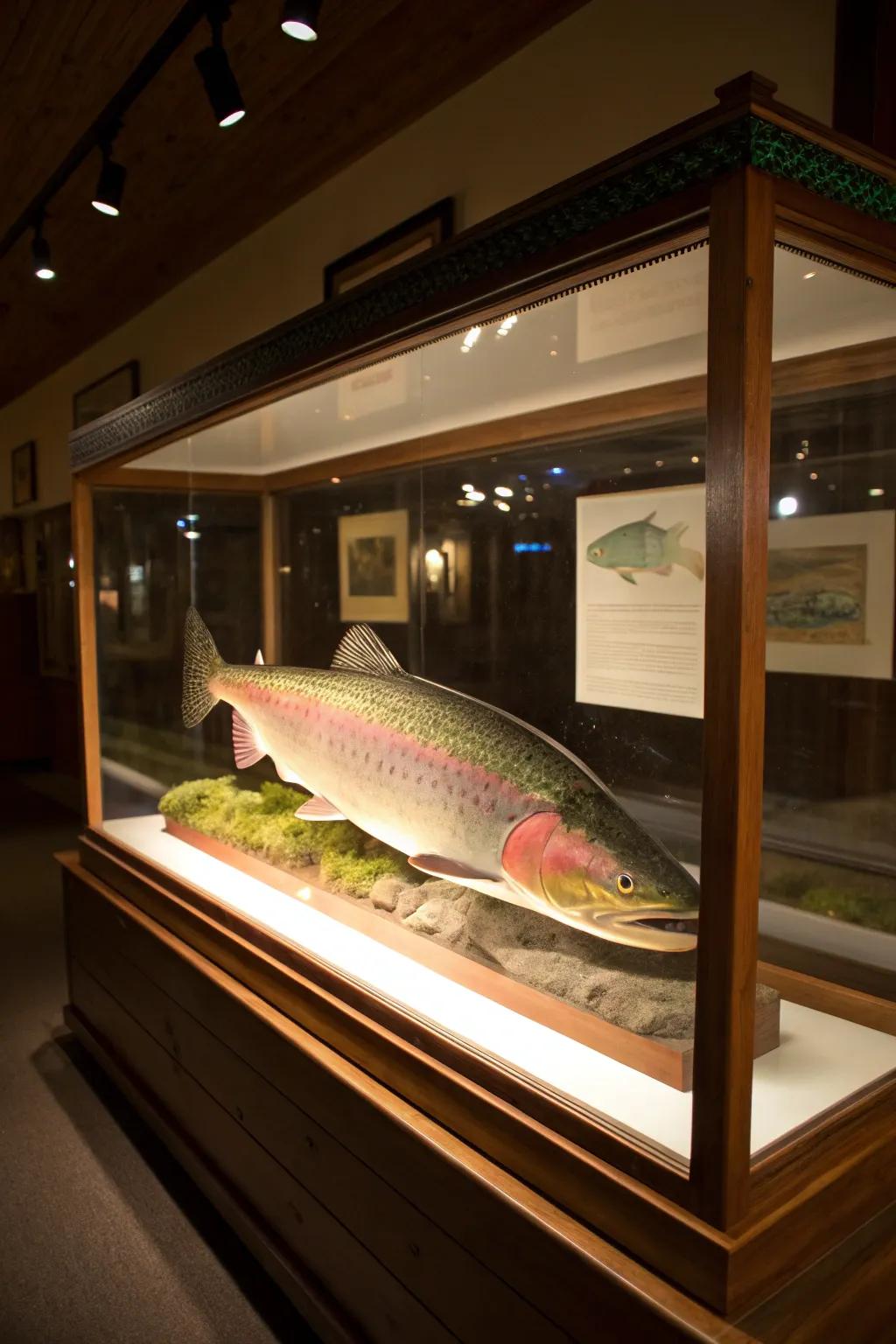 An illuminated display case accentuates the radiant colors of the rainbow trout, making it a focal point.