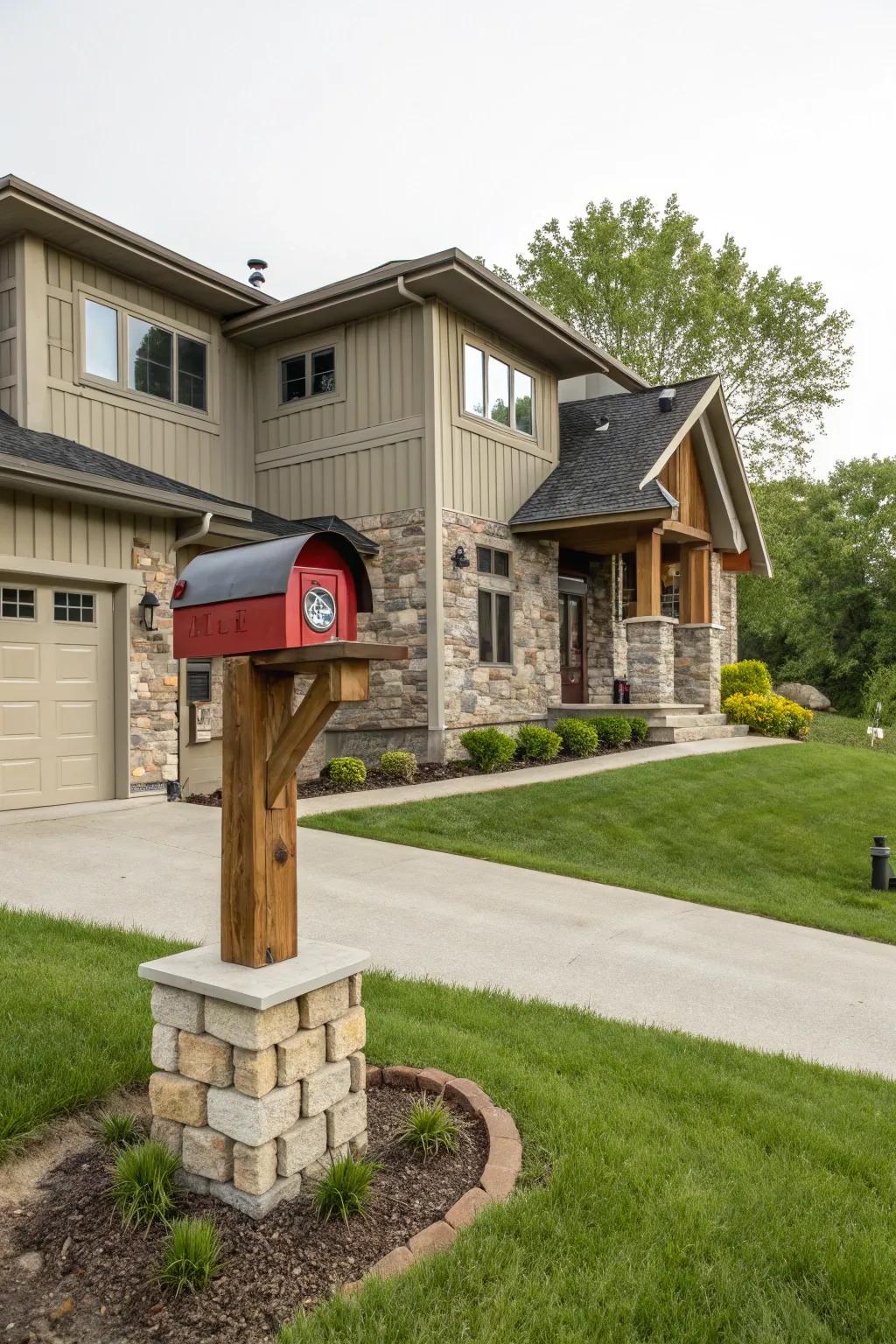 A creative custom-designed mailbox complementing a raised ranch dwelling.