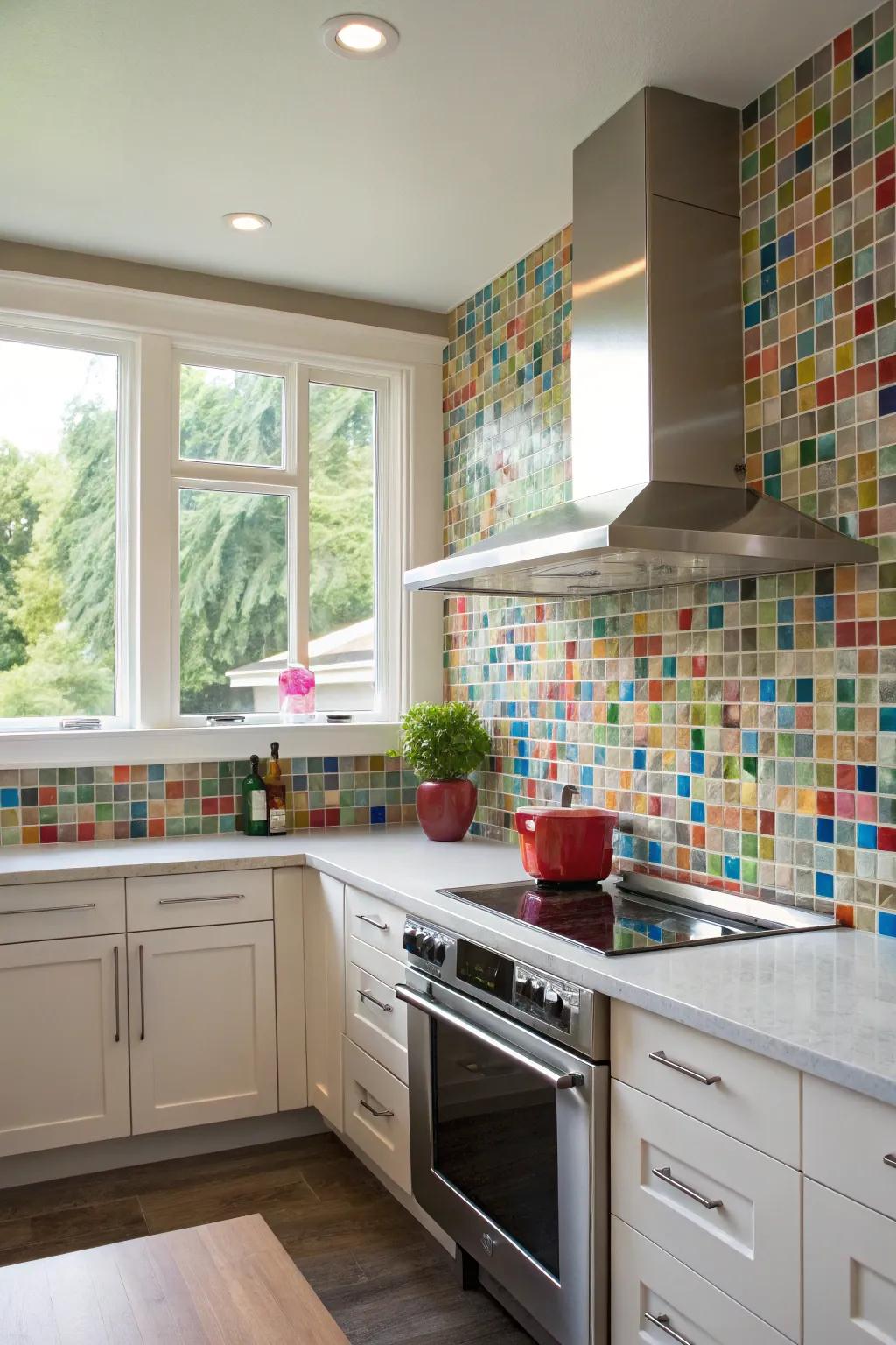 Kitchen featuring a clear tile backsplash introducing shimmer beside a modest vent hood.