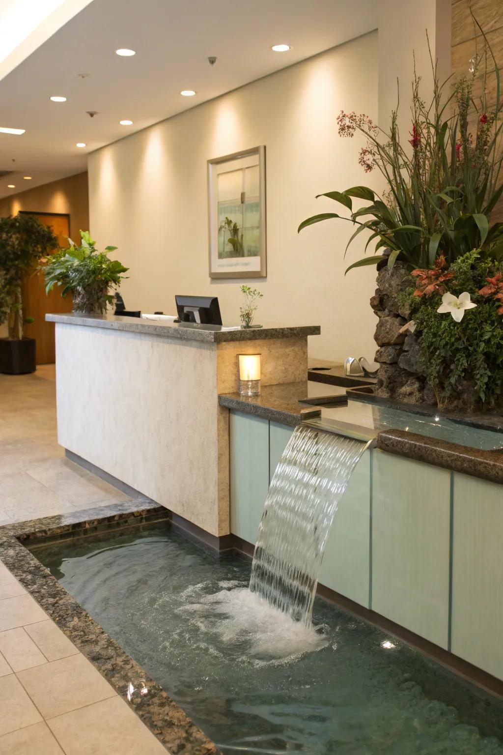 A serene welcome area enhanced by a water element.