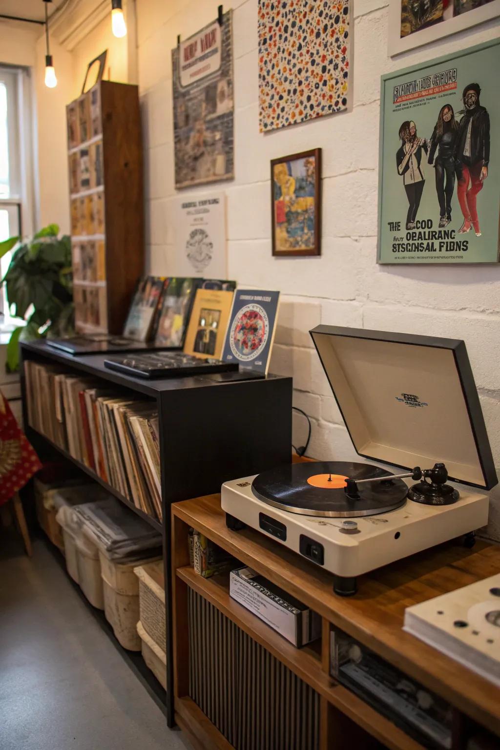 A vintage record store vibe in a contemporary home.