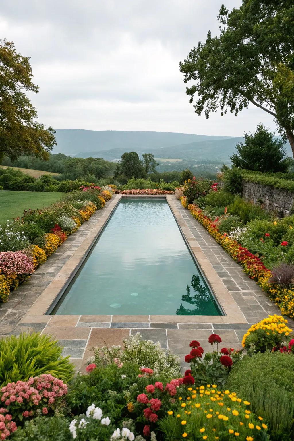Botanic beds furnish a surge of color and vitality to the poolside.