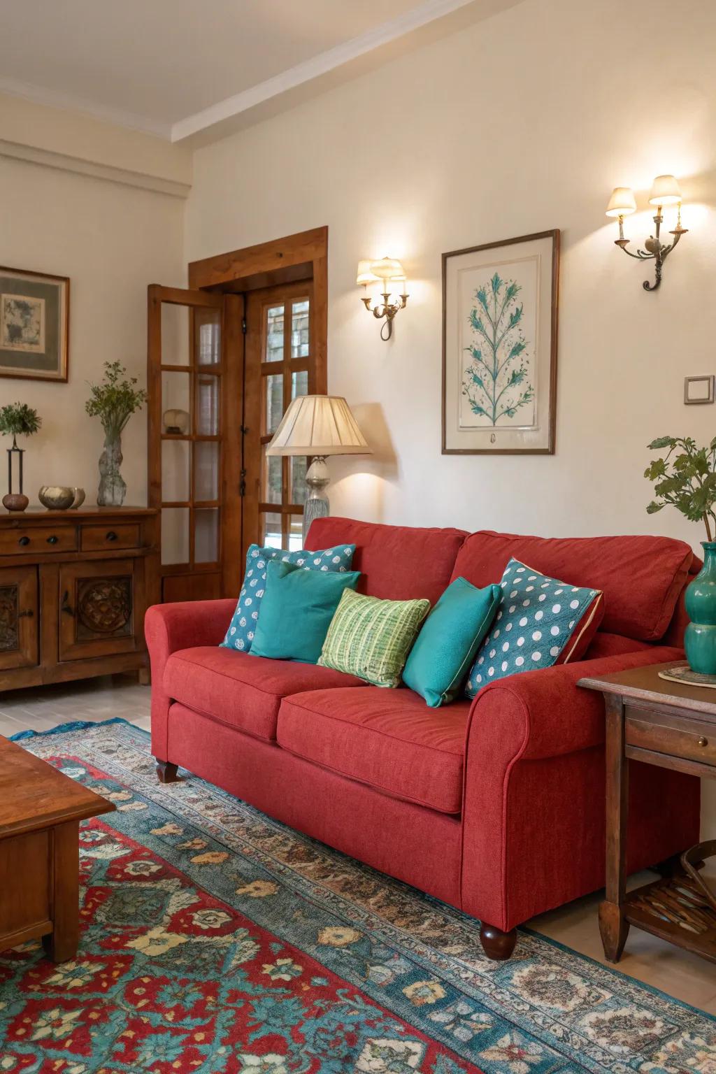 Harmonious colors like blue and green balance red tones.