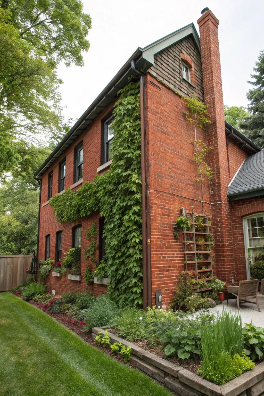 A vertical green space introduces vitality to this red brick house.