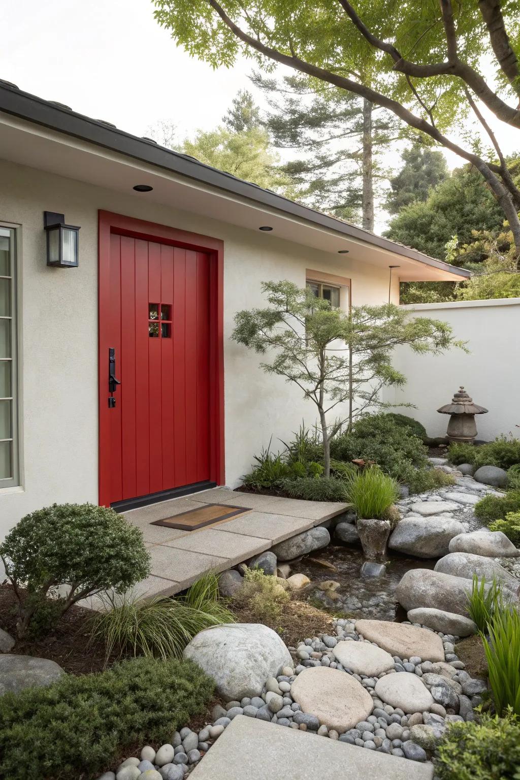 Zen home featuring a red entrance, crafting a tranquil yet vibrant entry.