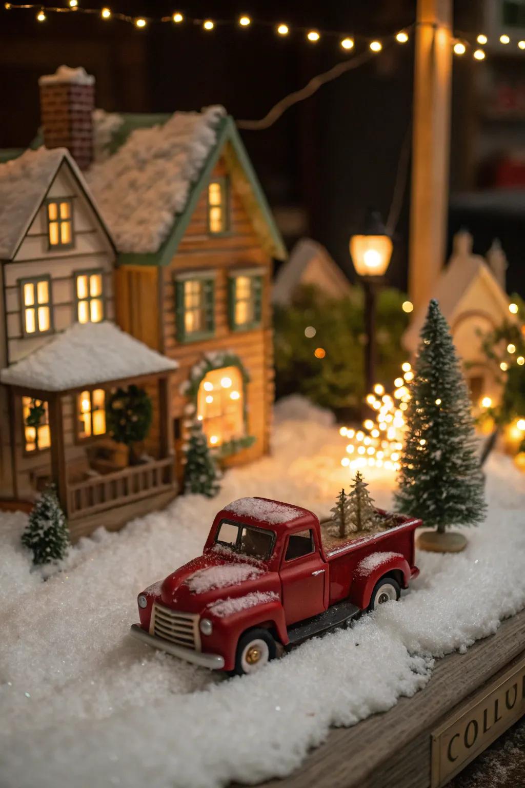 Nostalgic Christmas hamlet showcasing a crimson pickup.