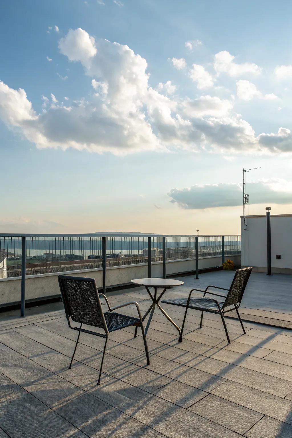 Design an uncluttered sanctuary on your rooftop deck with minimalist, elegant design elements.