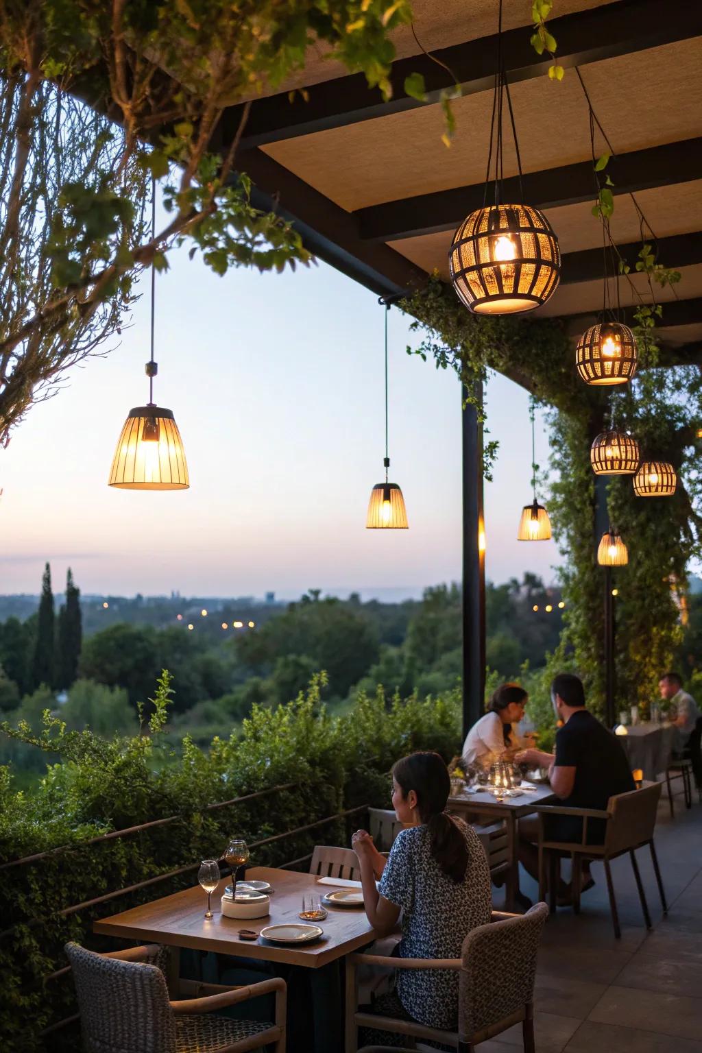 Pendant lights bring focused elegance to dining spaces.