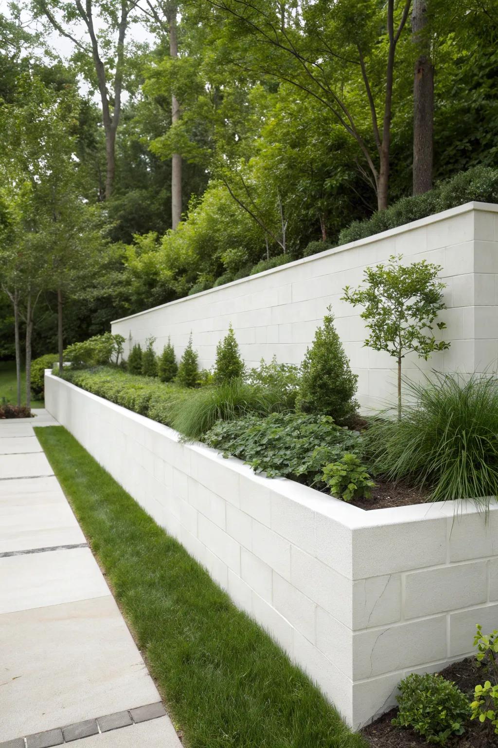 White concrete blocks fashion a fresh and modern garden aesthetic.