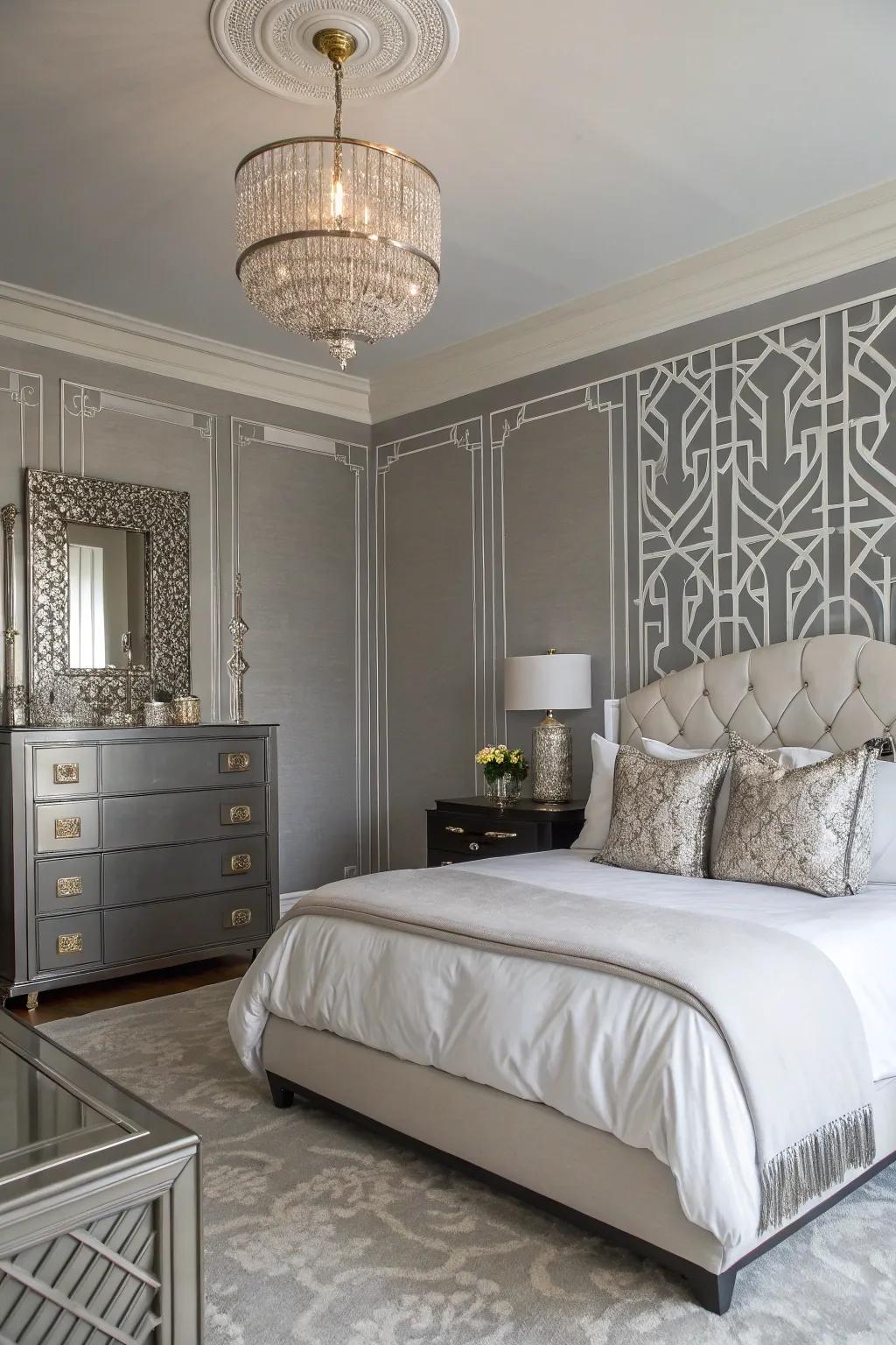 Art Deco elements add glamour to a Willow Gray bedroom.