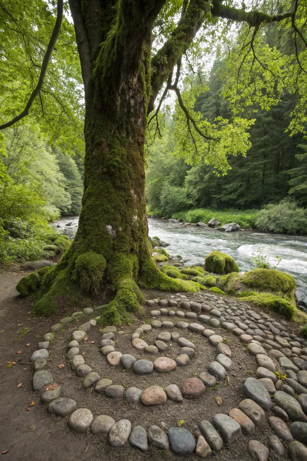 Shoreline stones accentuate and shield the base of this tree, enriching the landscape with elegance.