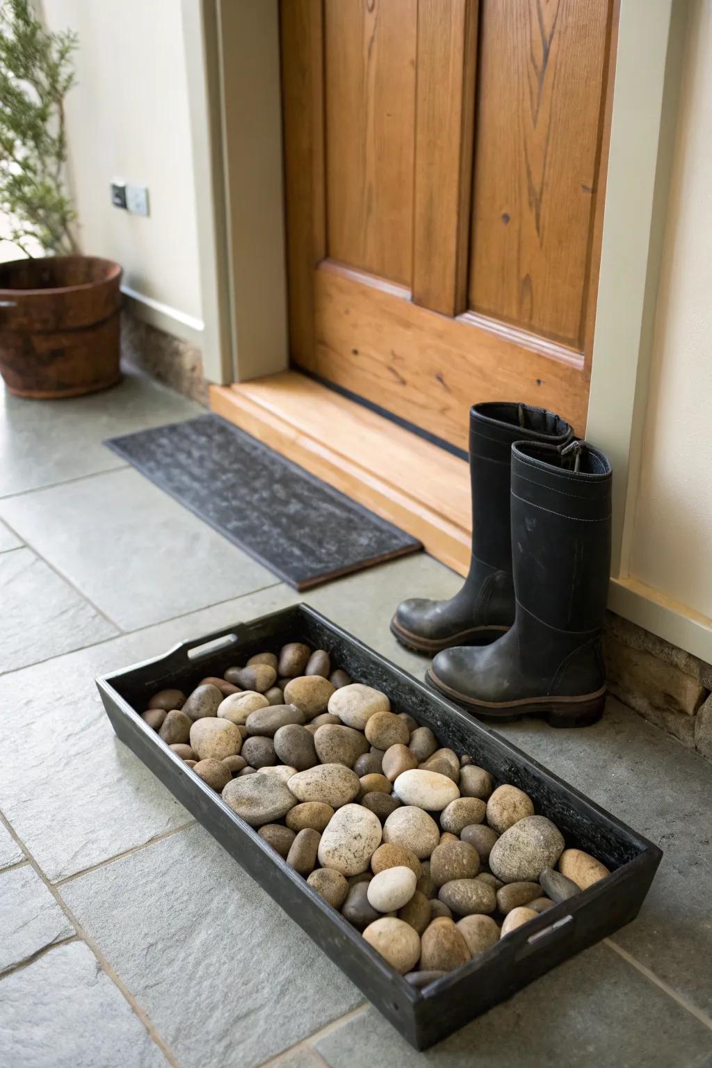 A rock-filled boot tray welcoming you home