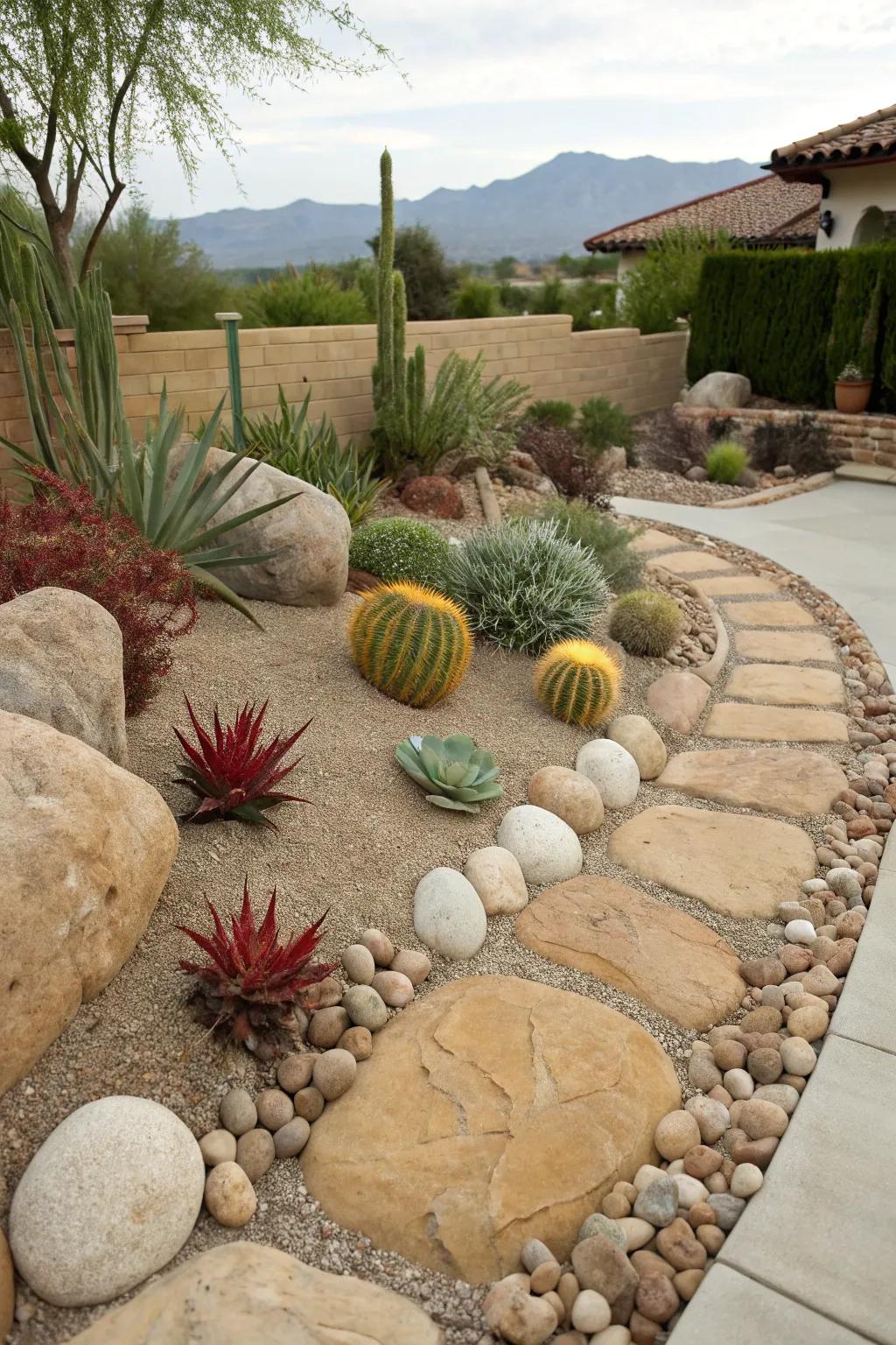Desert-evoking stone edging paired with succulents for a low-upkeep garden.