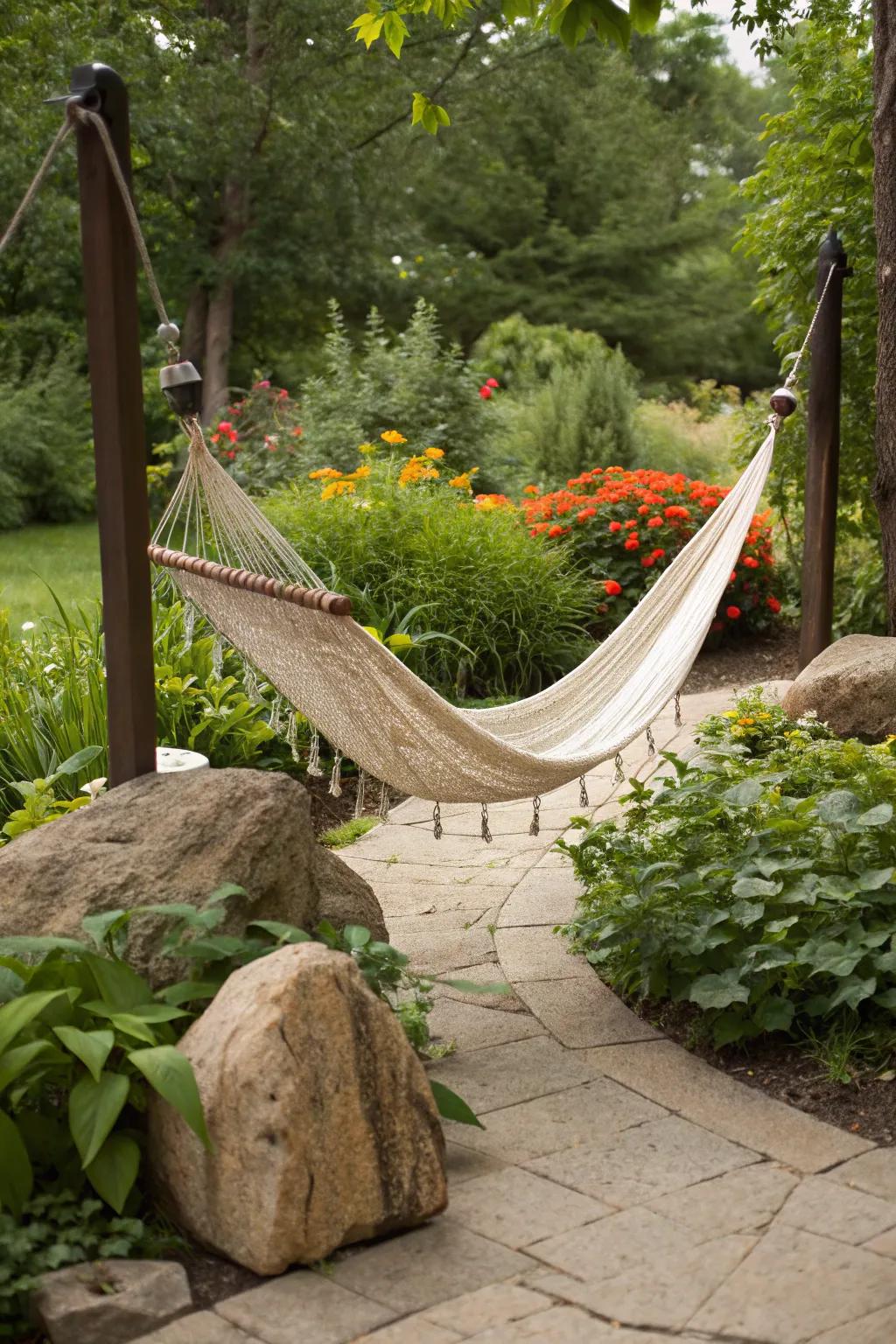 A snug hammock bolstered by robust stone anchors in a garden.