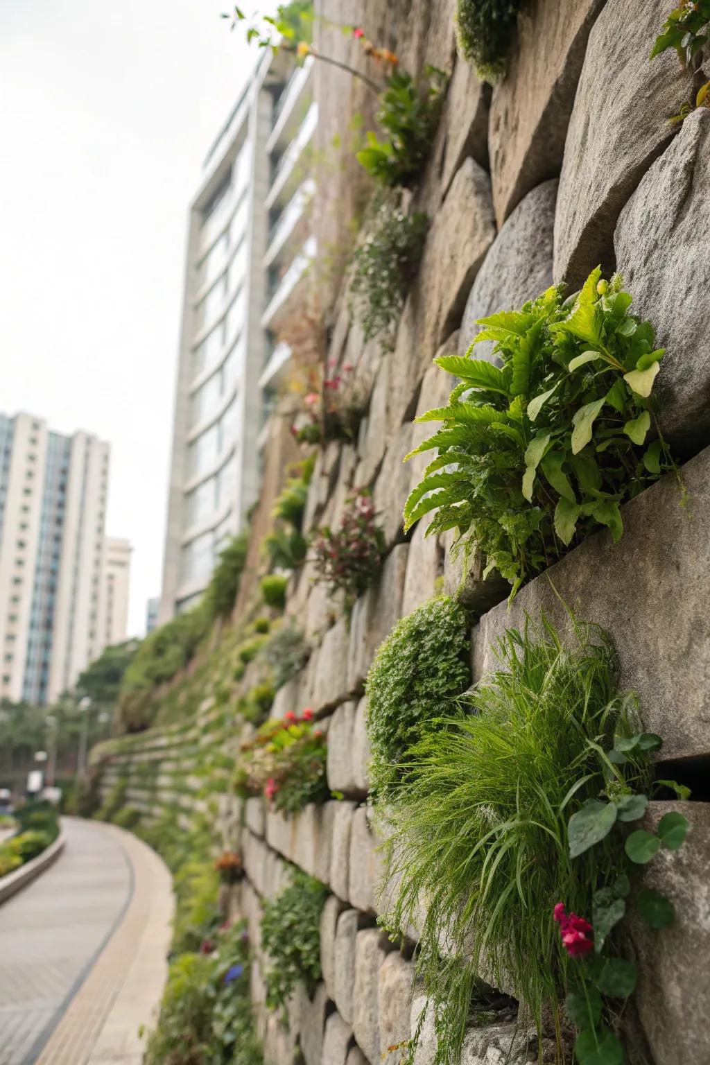 A vertical garden animates rock structures through profuse verdancy.