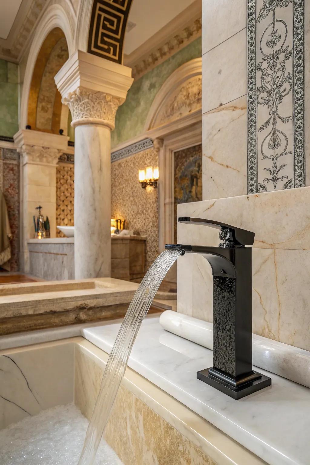 A waterfall spout adds a contemporary element to this Roman-inspired bathroom.