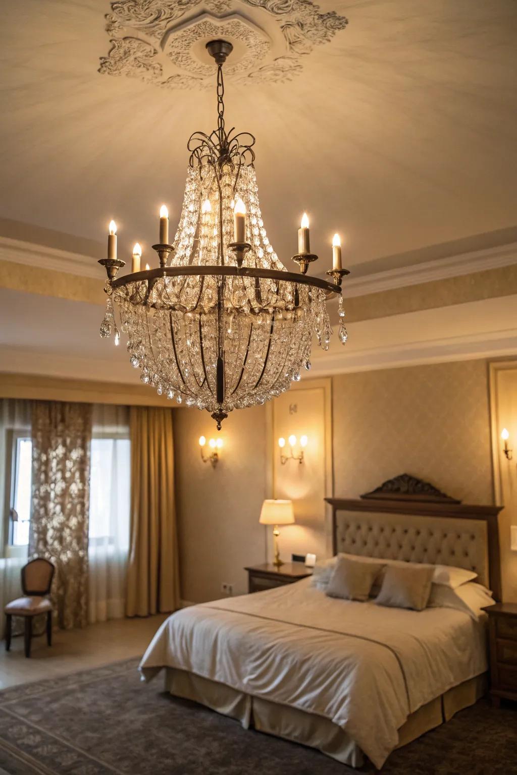 A multi-tiered light adds elegance and a touch of sparkle to the bedroom.