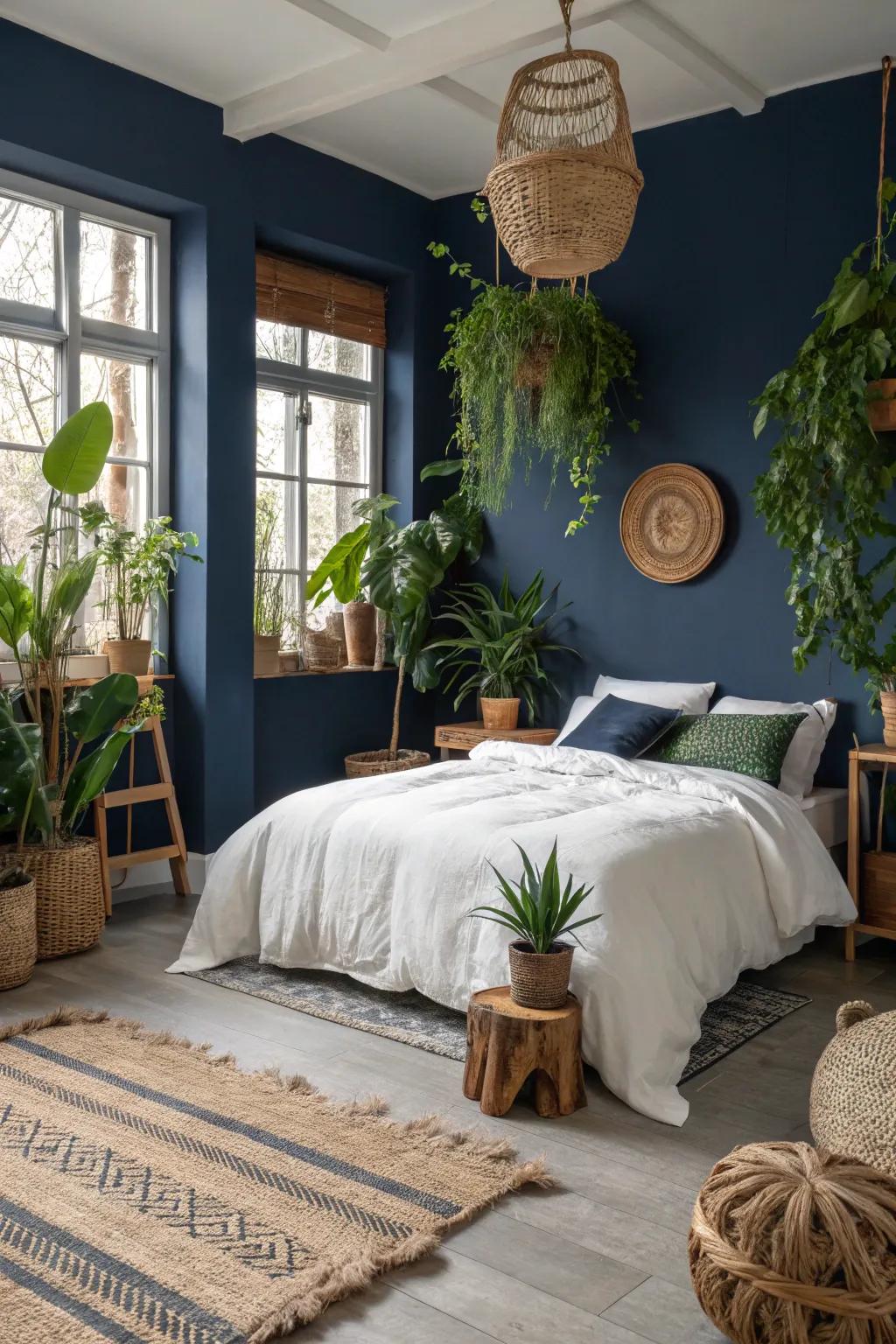 Indoor botanicals introduce a rejuvenating and spirited element to indigo décor.