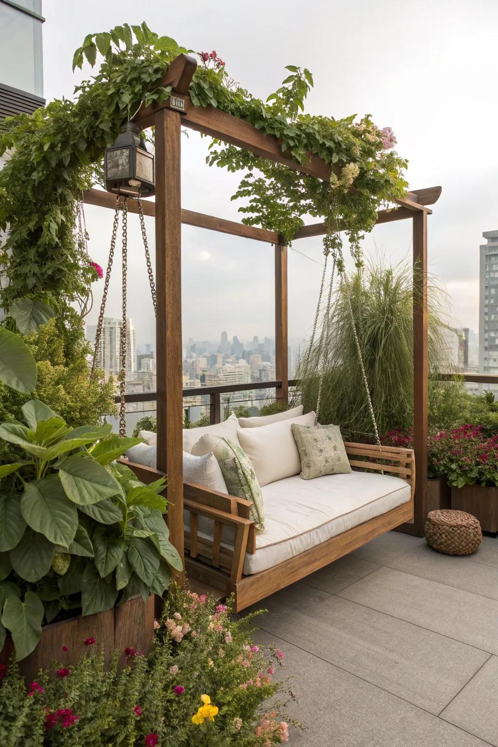 Relax in style using a charming swing seat.