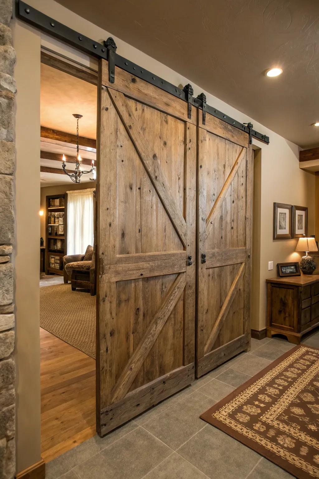 Moving barn doors bring practical separation and rustic charm.