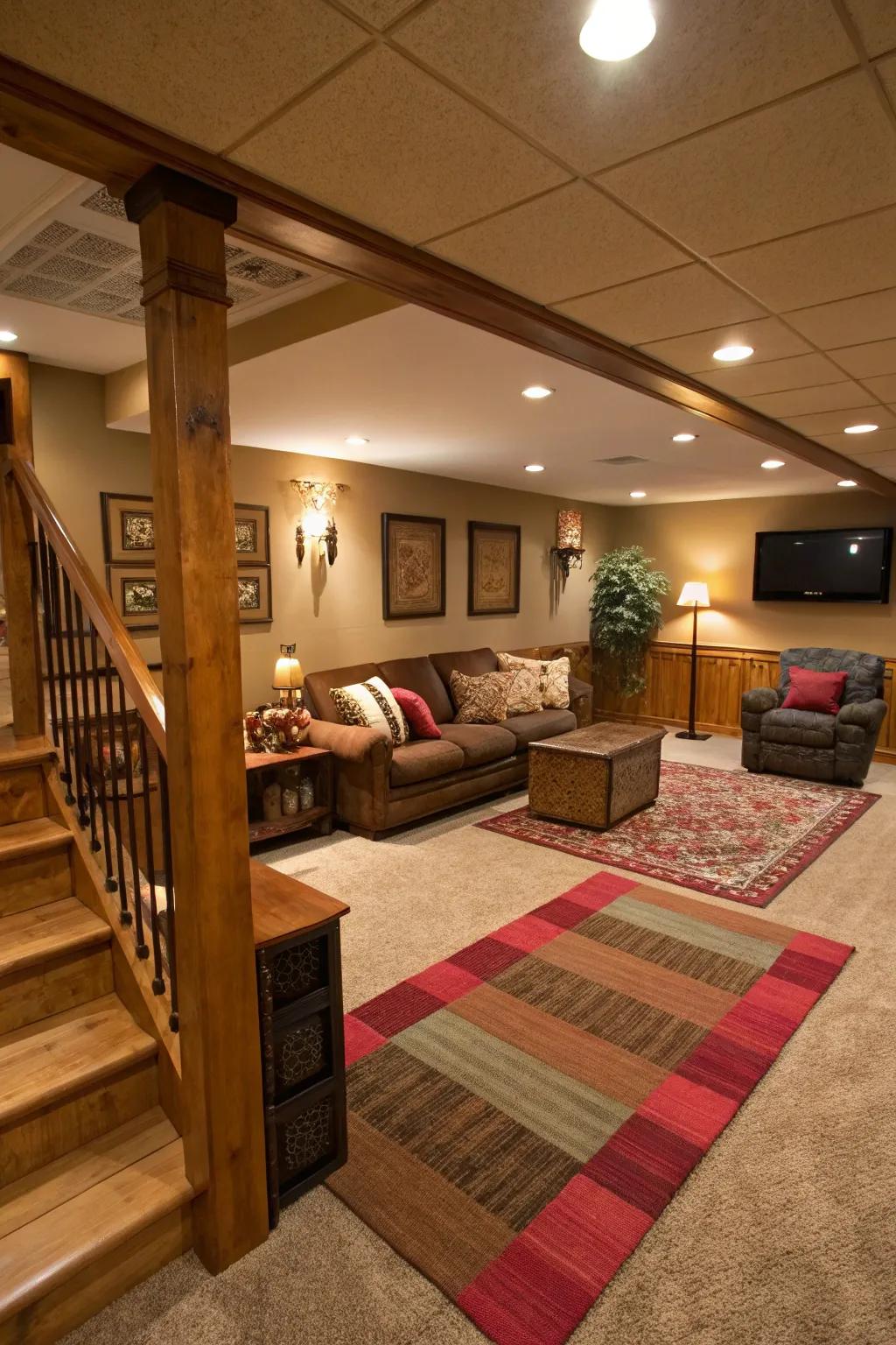 Rugs can effectively define various zones in your basement.