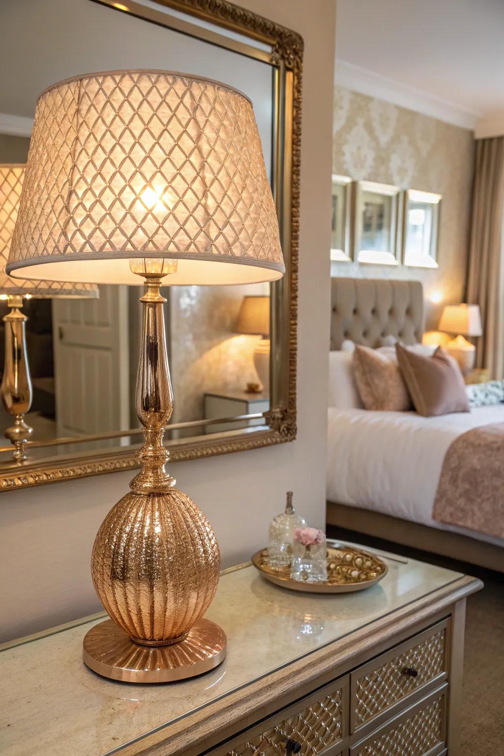 A lamp and mirror, united in design, bestow a stylish touch of rose gold.