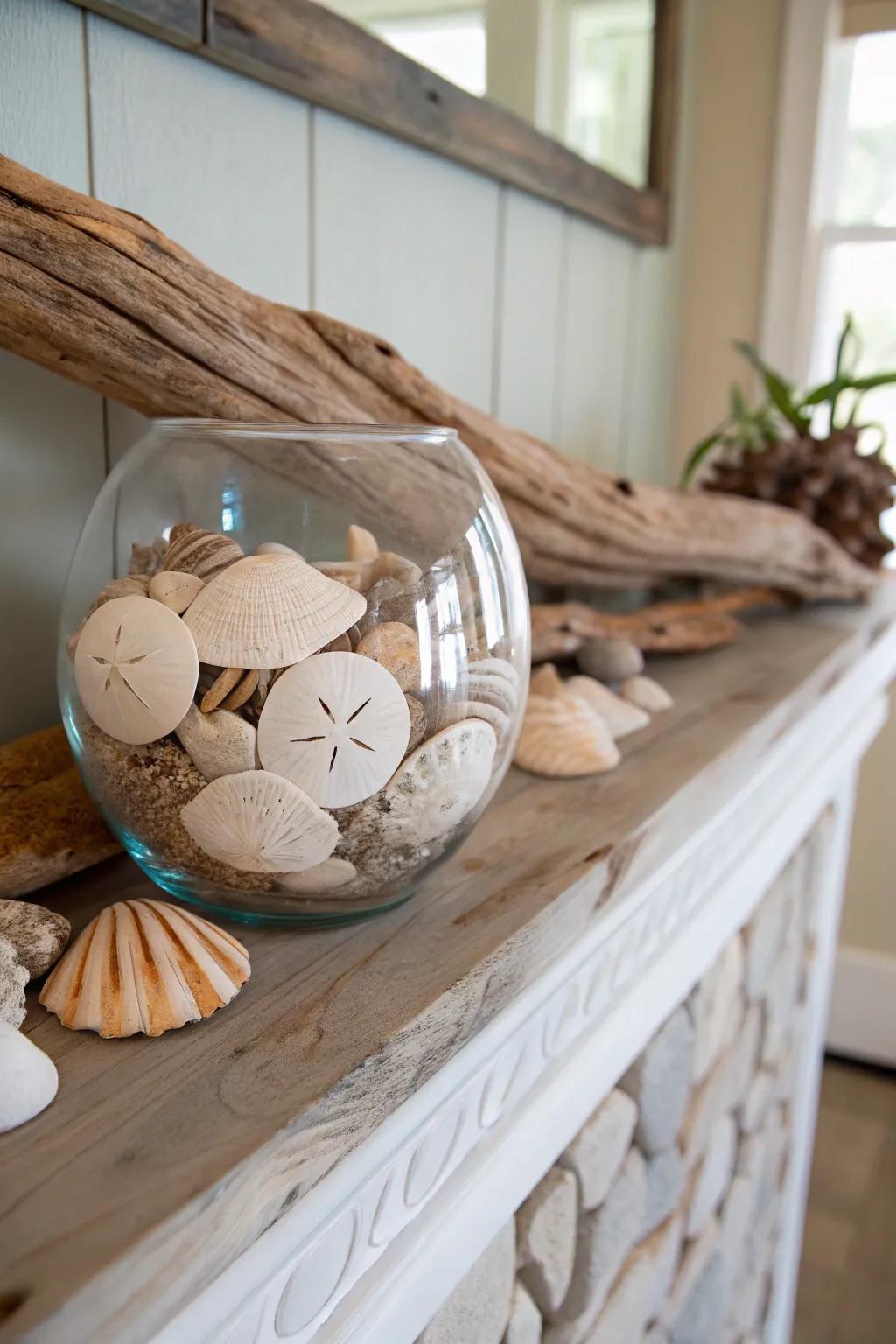 Seashells and sand coins within a glass vessel conjure a seaside charm.