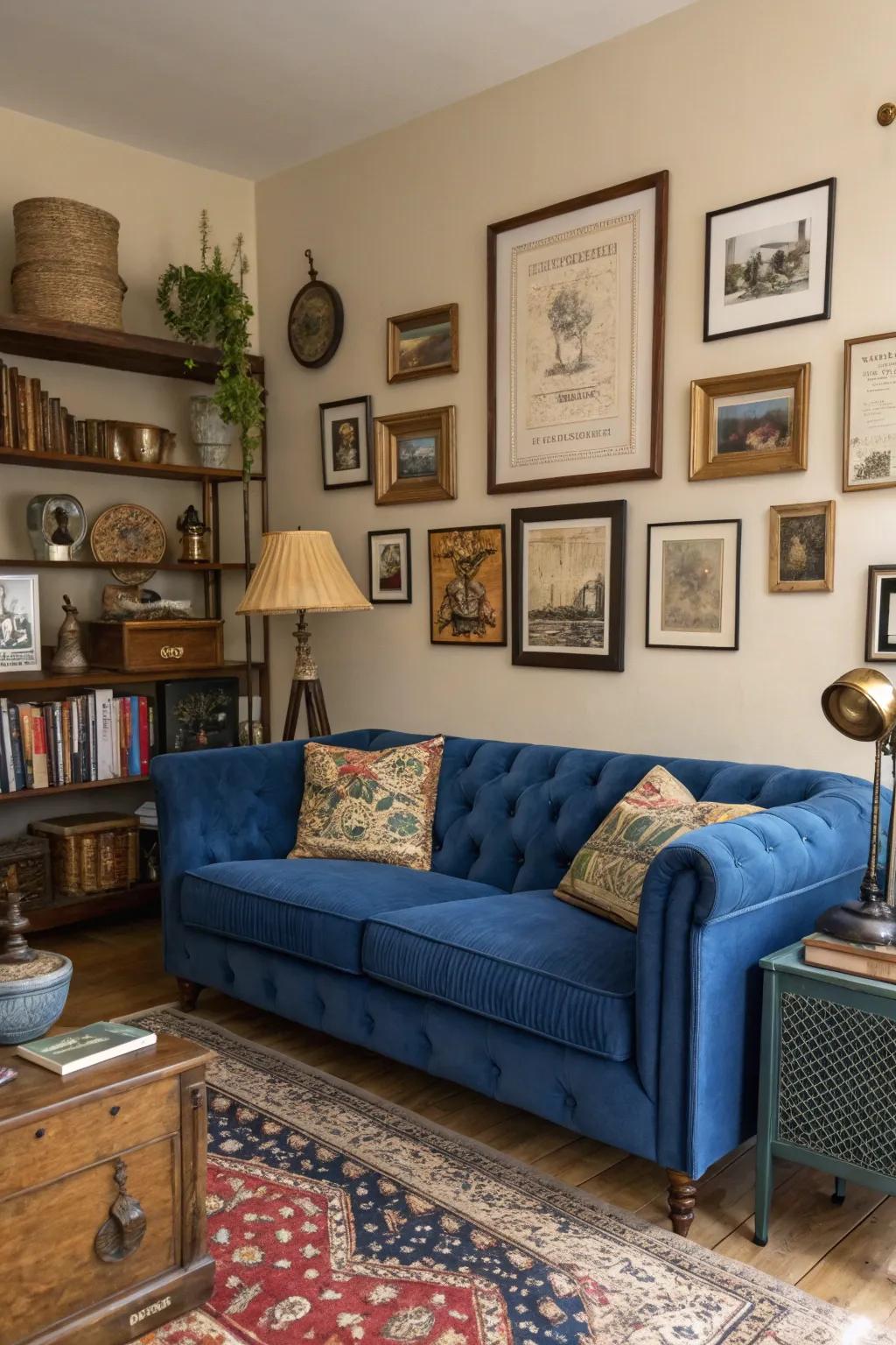 Antiquarian pieces impart character and charm to the setting with a sapphire settee.