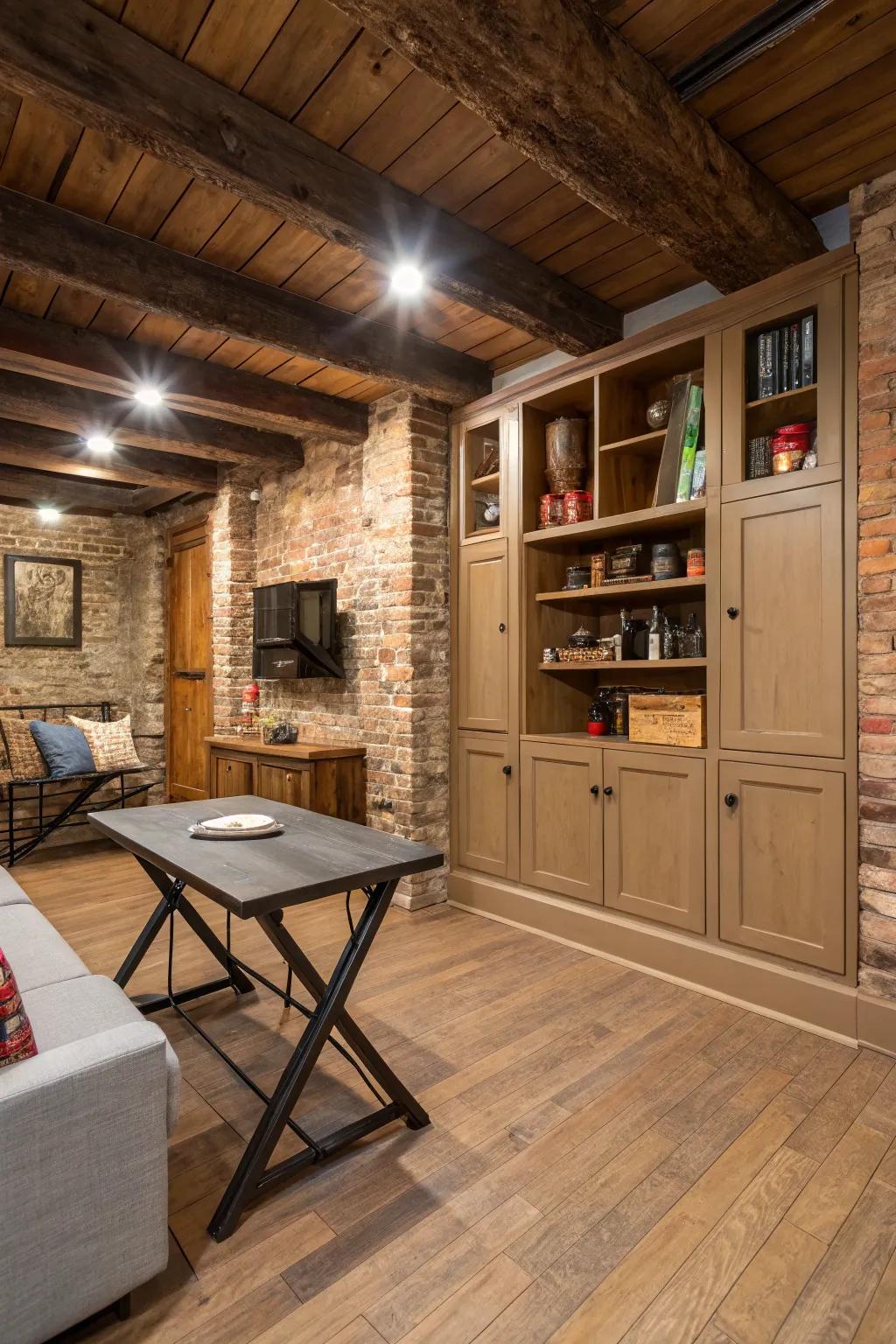 Helpful storage parts keep a homespun basement in order.
