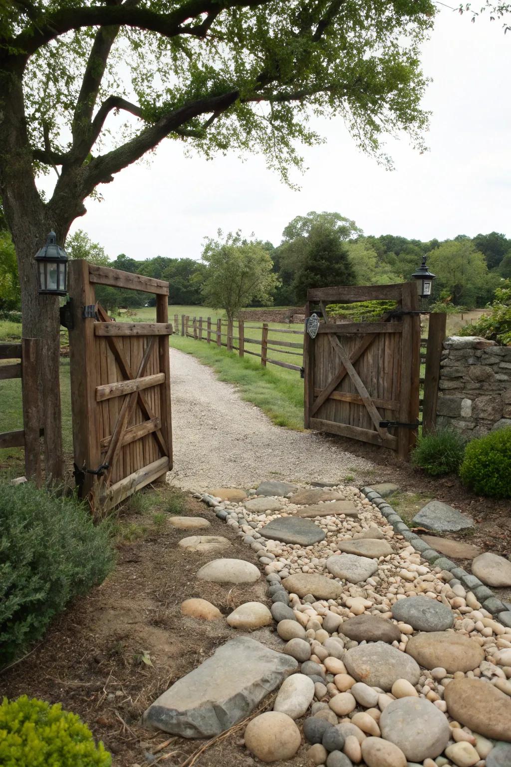 A countryside portal complemented by a natural stone pathway.