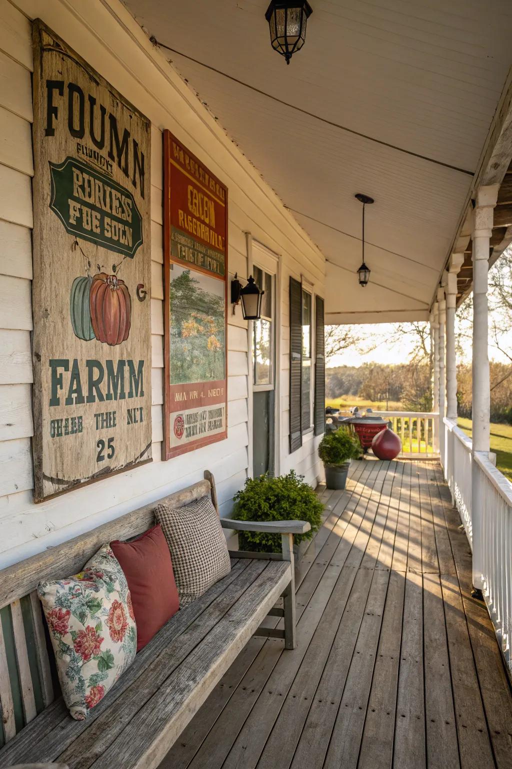 Old farm signs add bold, nostalgic charm to a rustic veranda.
