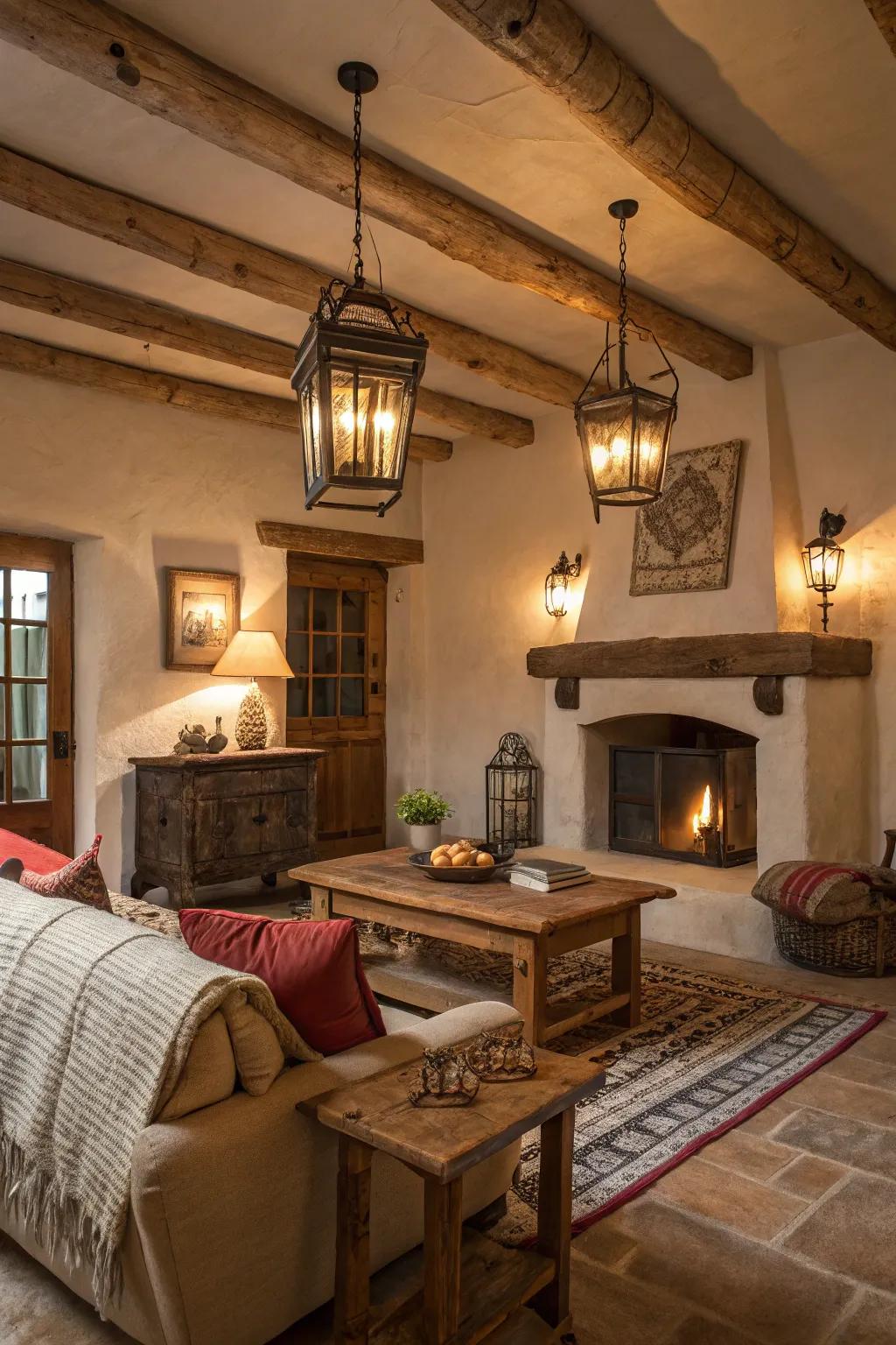 Lantern illumination apparatus conveys a quaint, warm effulgence to rustic interiors.