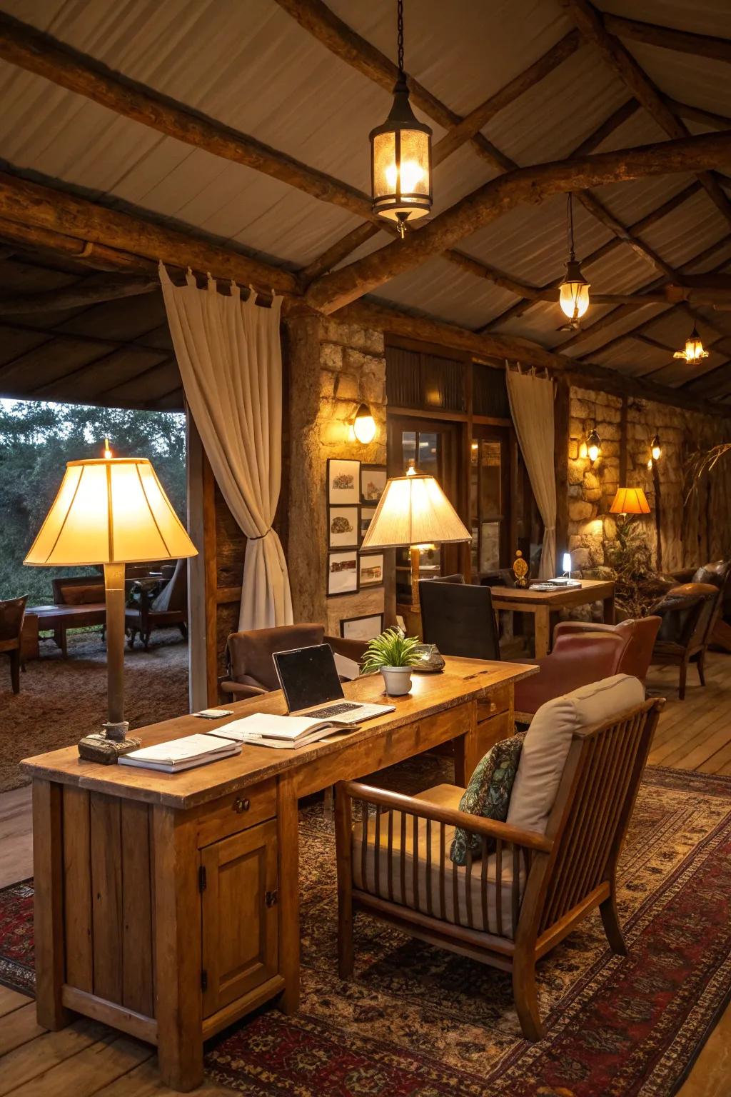Warm illumination establishes a cozy ambiance in a country-style office.