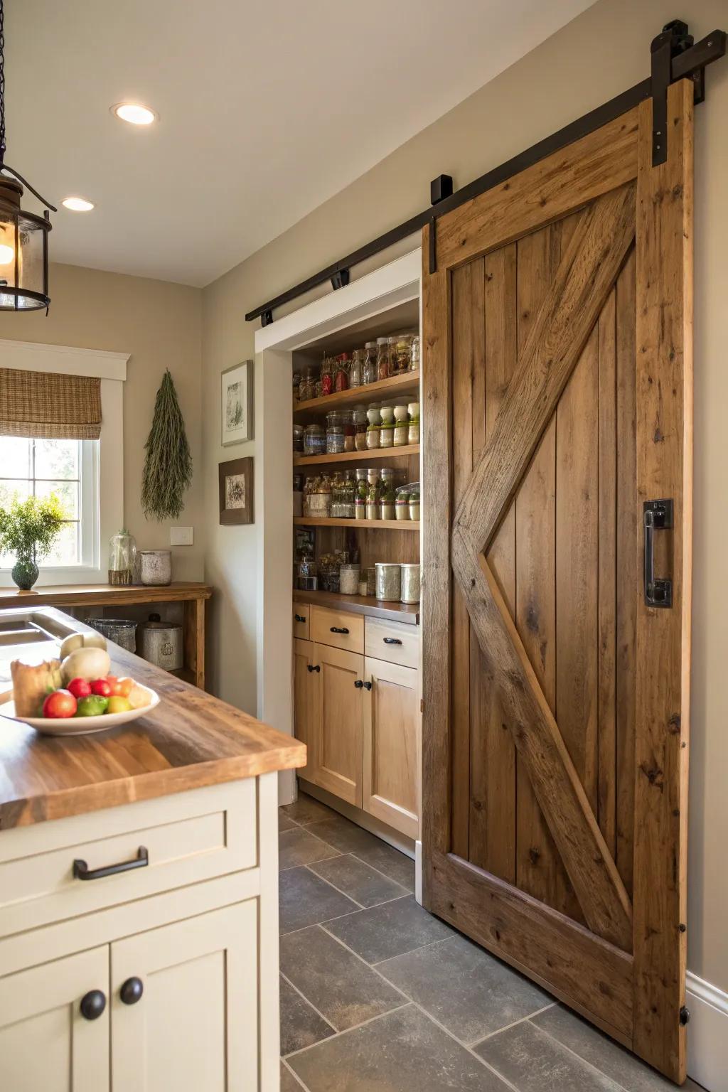 A sliding barn door contributes rustic charm and functionality.