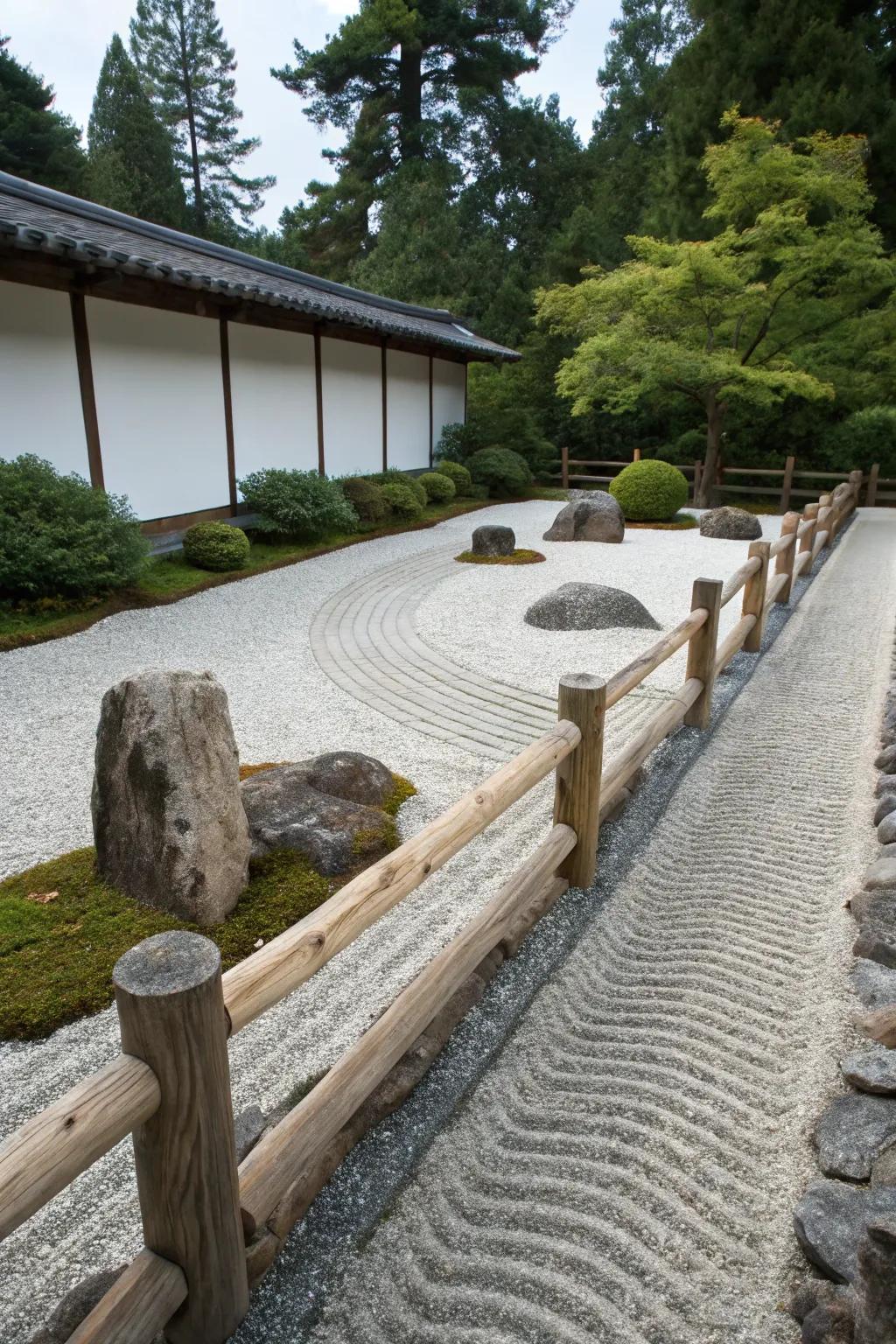 A split rail fence complements the effortlessness of a Zen garden.