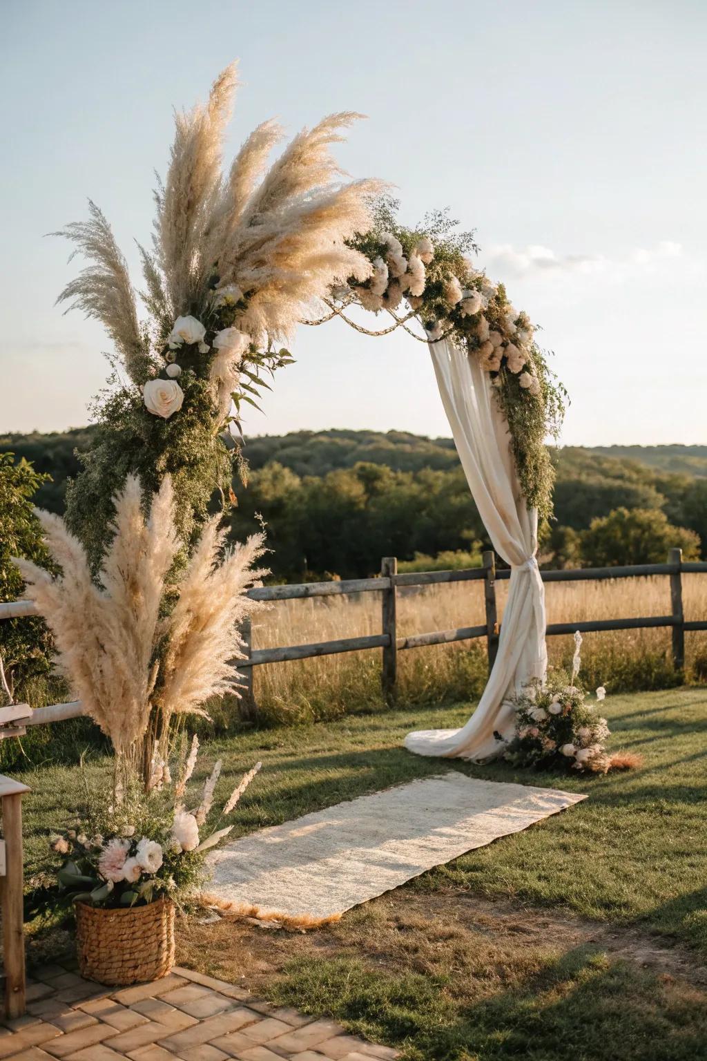 Pampas grass incorporating texture and elegance to a countryside bohemian arch.