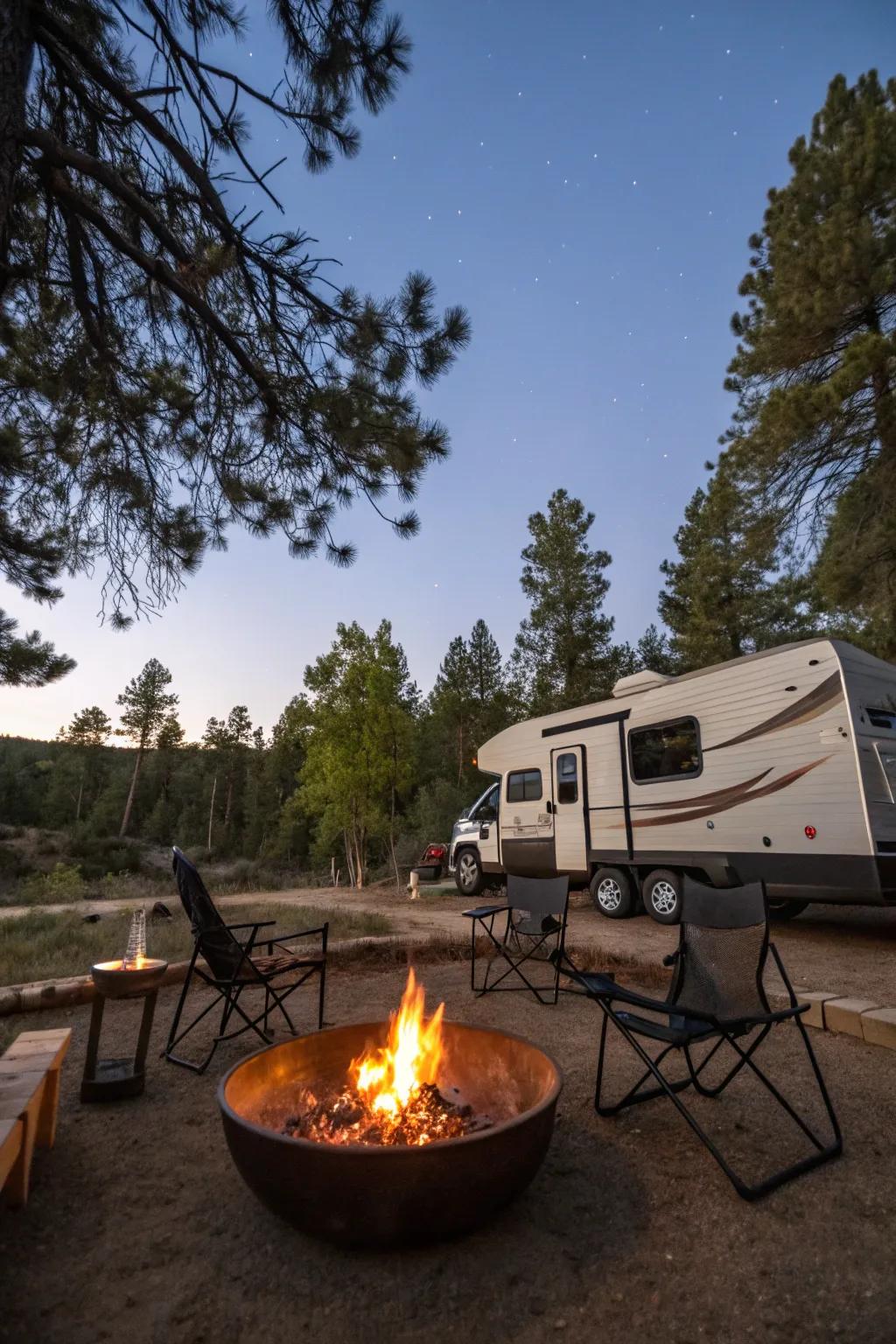 A compact fire feature offers warmth without the smoke.
