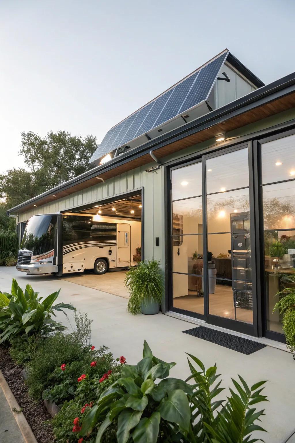 Eco-friendly features like solar panels are seamlessly integrated into the RV garage design.