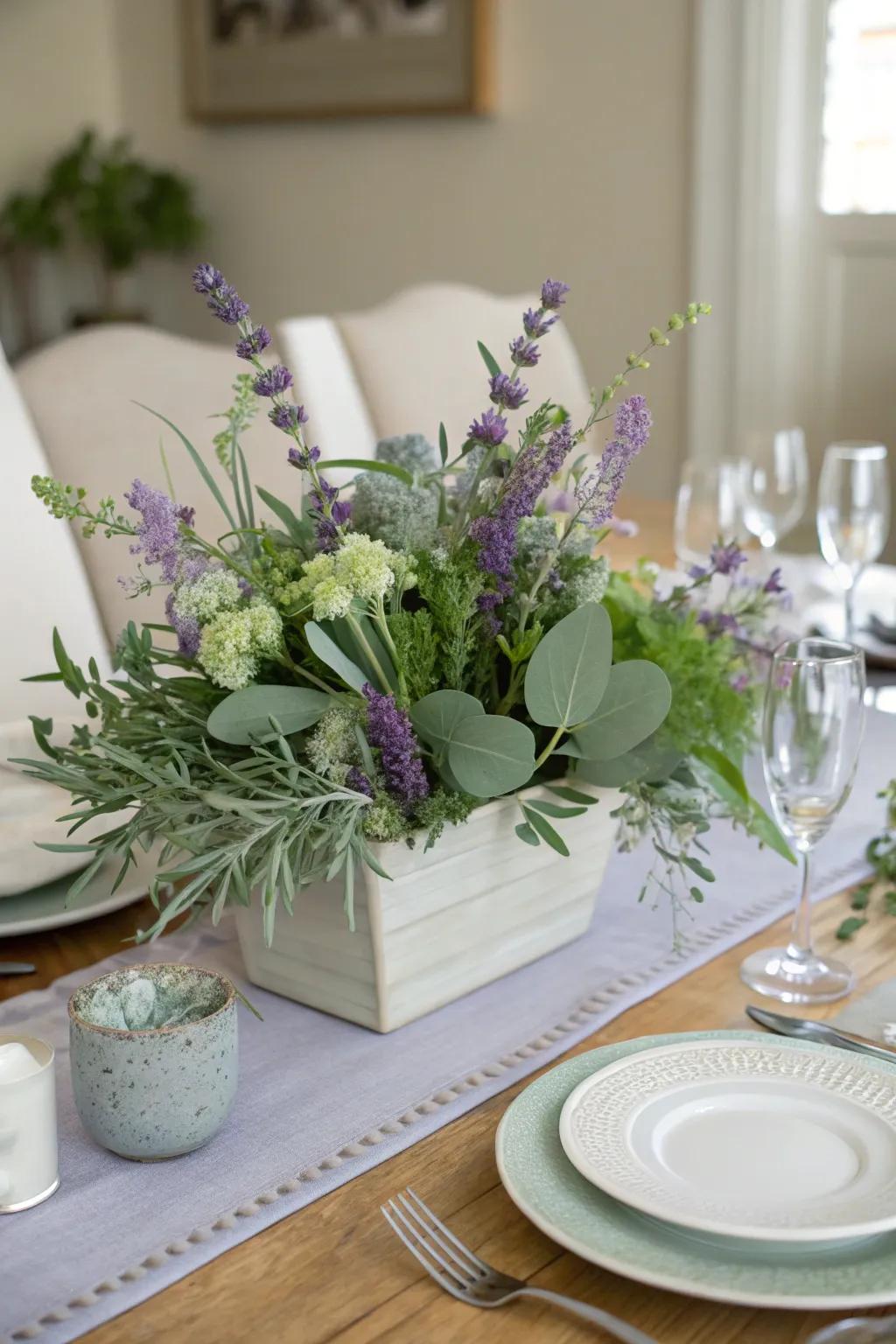 Verdant hues and lavender will craft a soothing and aromatic centerpiece.