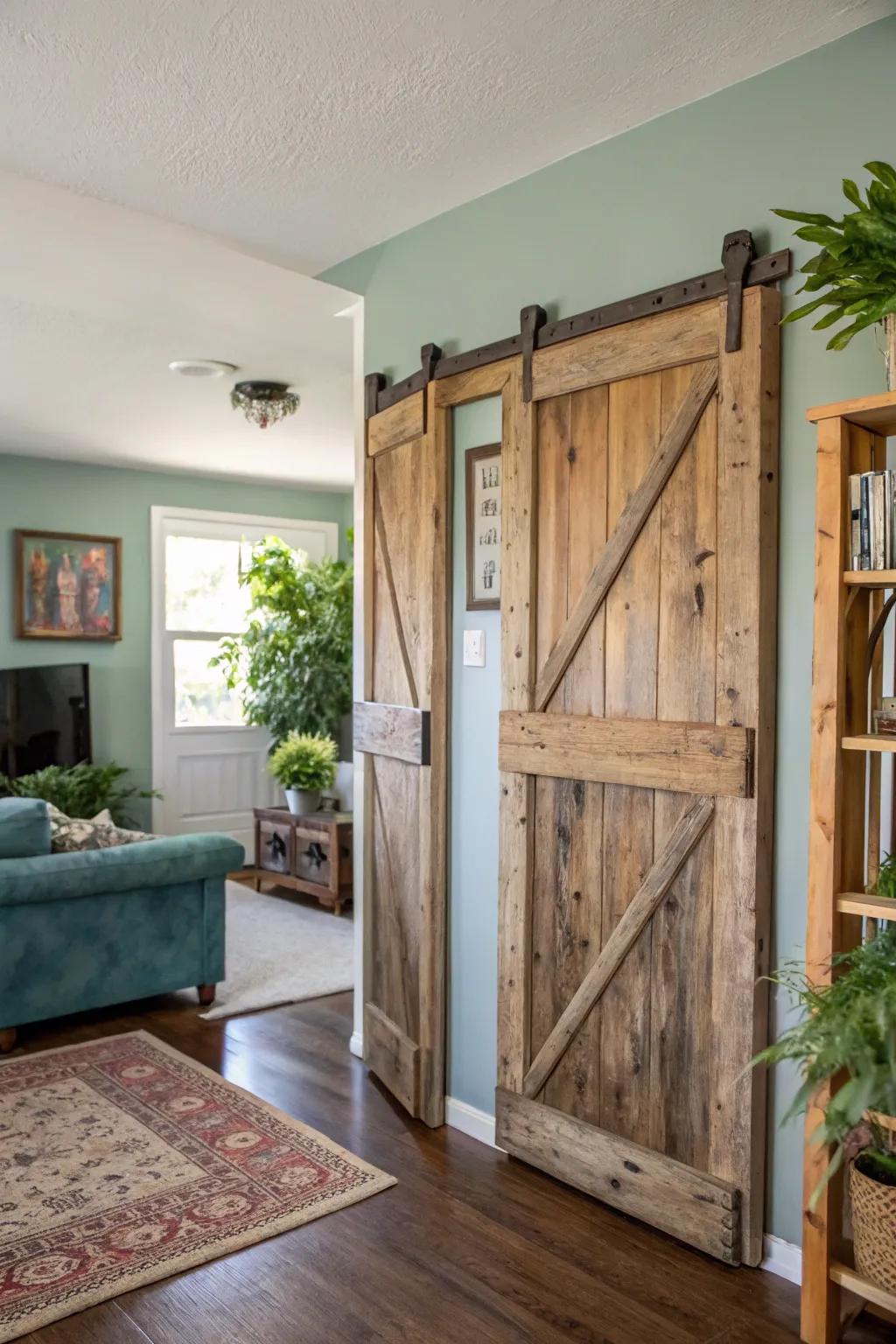 Eco-friendly charm shines through repurposed saloon doors.