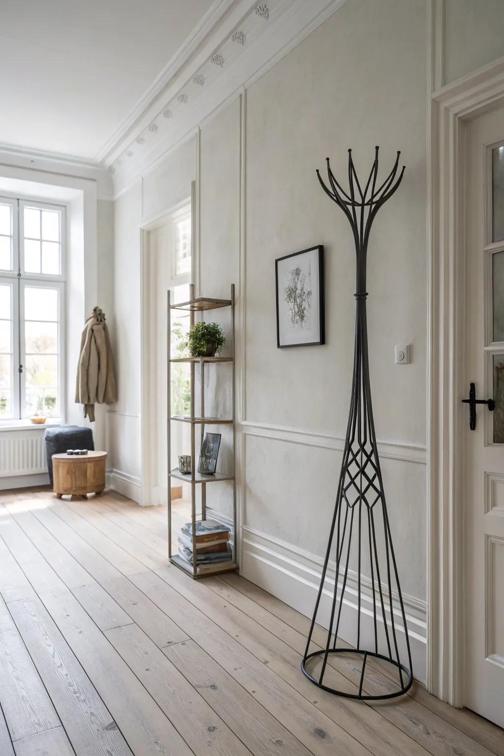 A wall adorned with a minimalist metal sculpture in a Scandinavian-styled room