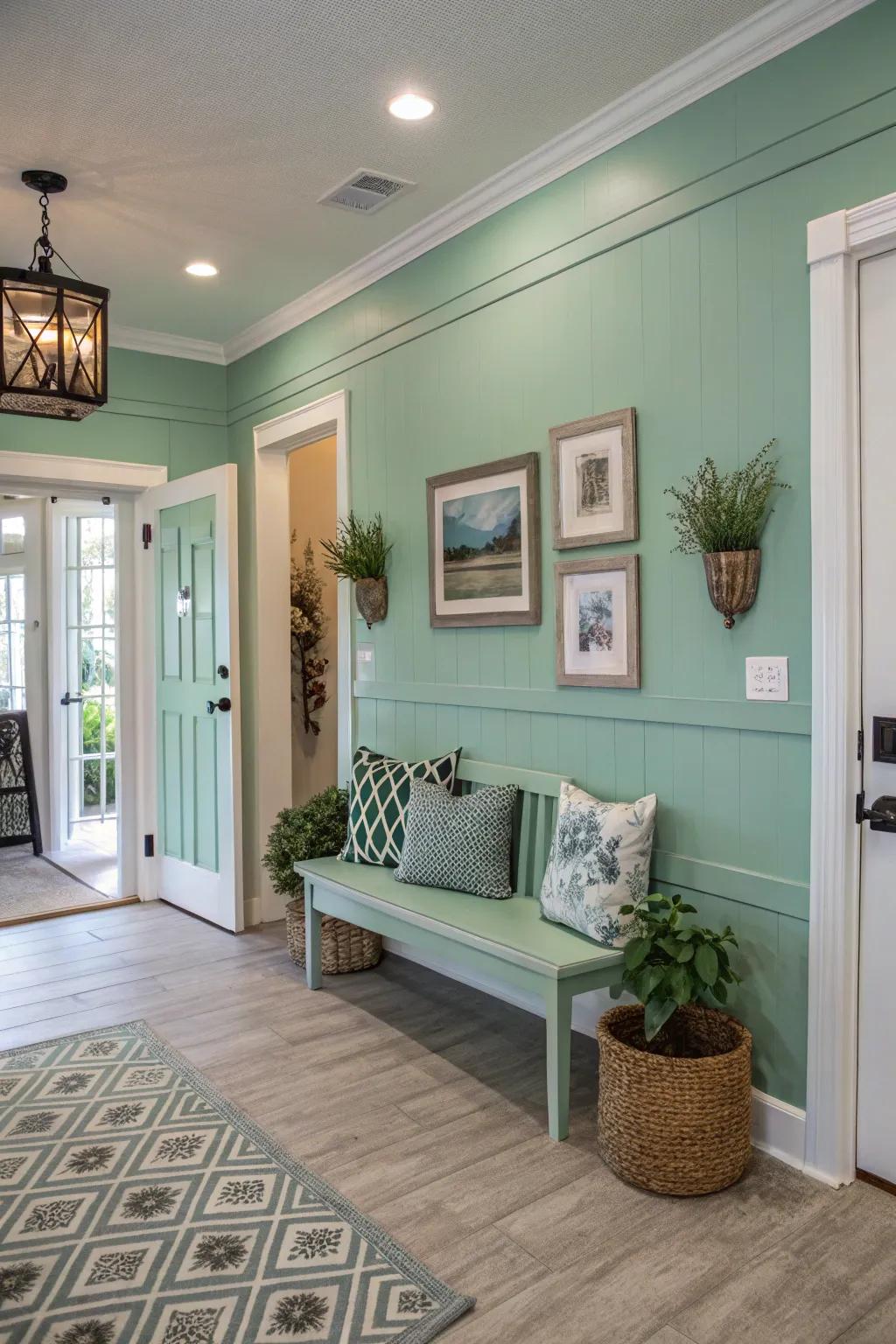 An inviting entryway featuring calming seafoam green painted walls.