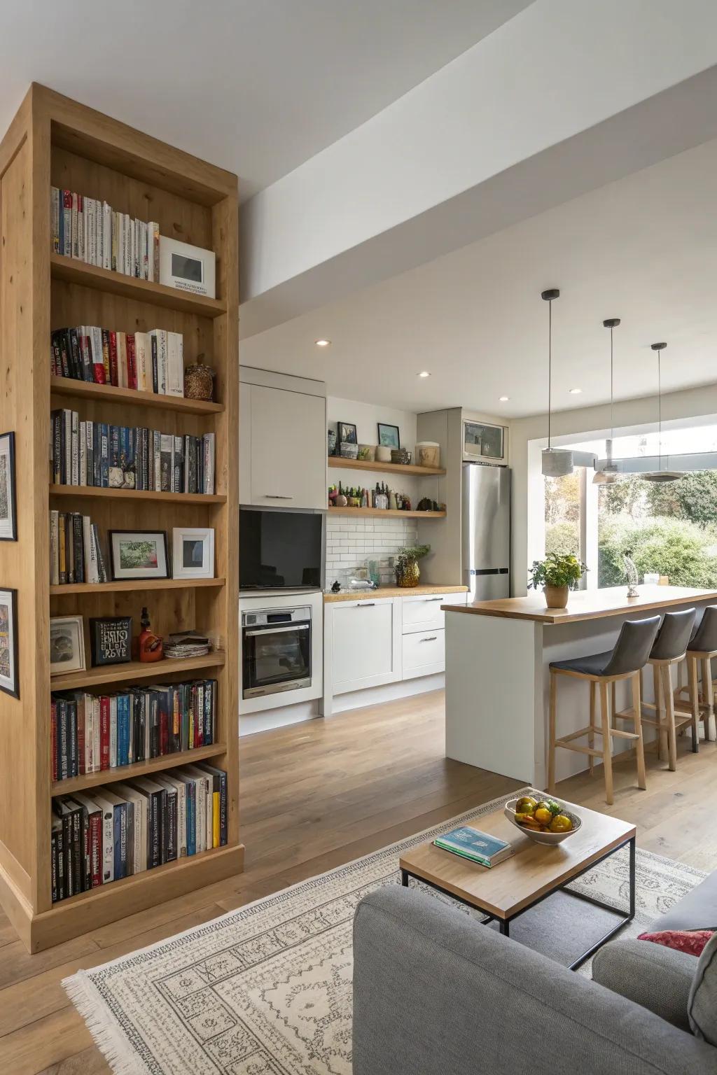 Integrated shelving provides storage and subtle division.