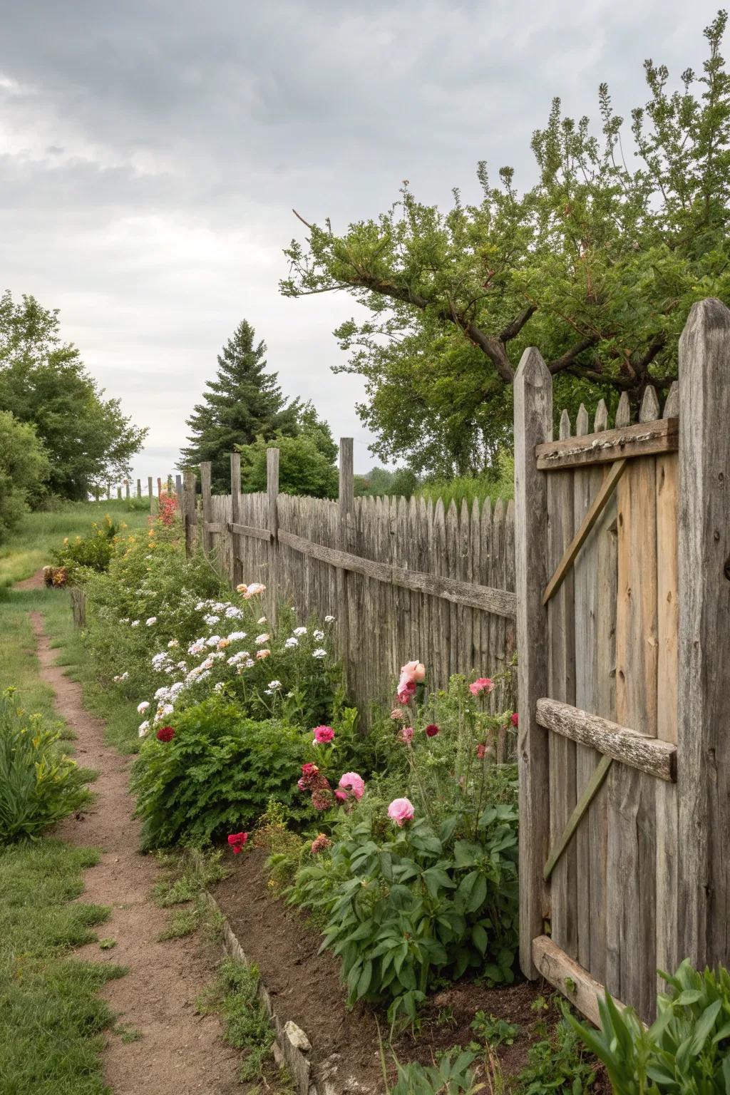 Reclaimed wood contributes character and sustainability to this charming semi-private fence.